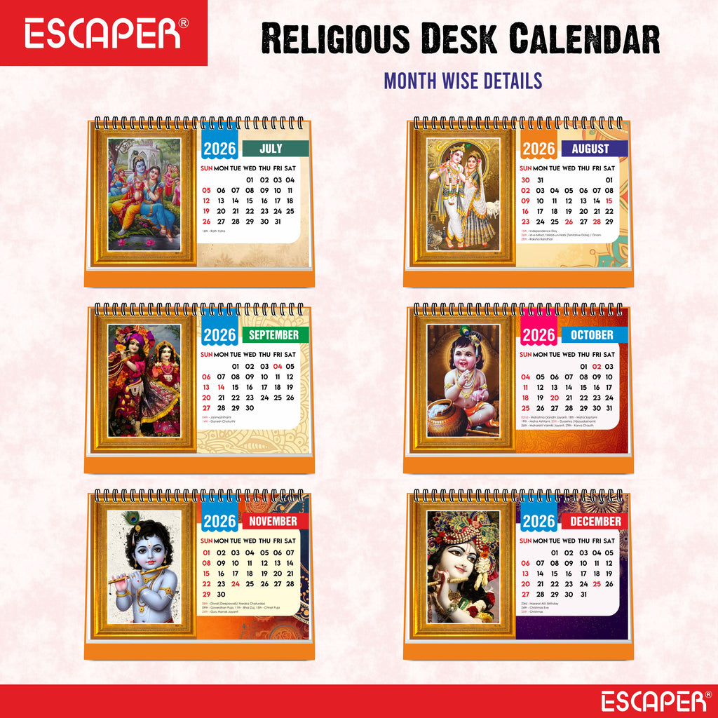 Lord Krishna Table Calendar 2026, Radha Krishna Desk Calendar, A5 Size 8.5 x 5.5", Cute Table Top Calendar, Shri Krishna Calendar 2026, New Year Calendar for Office & Gifting