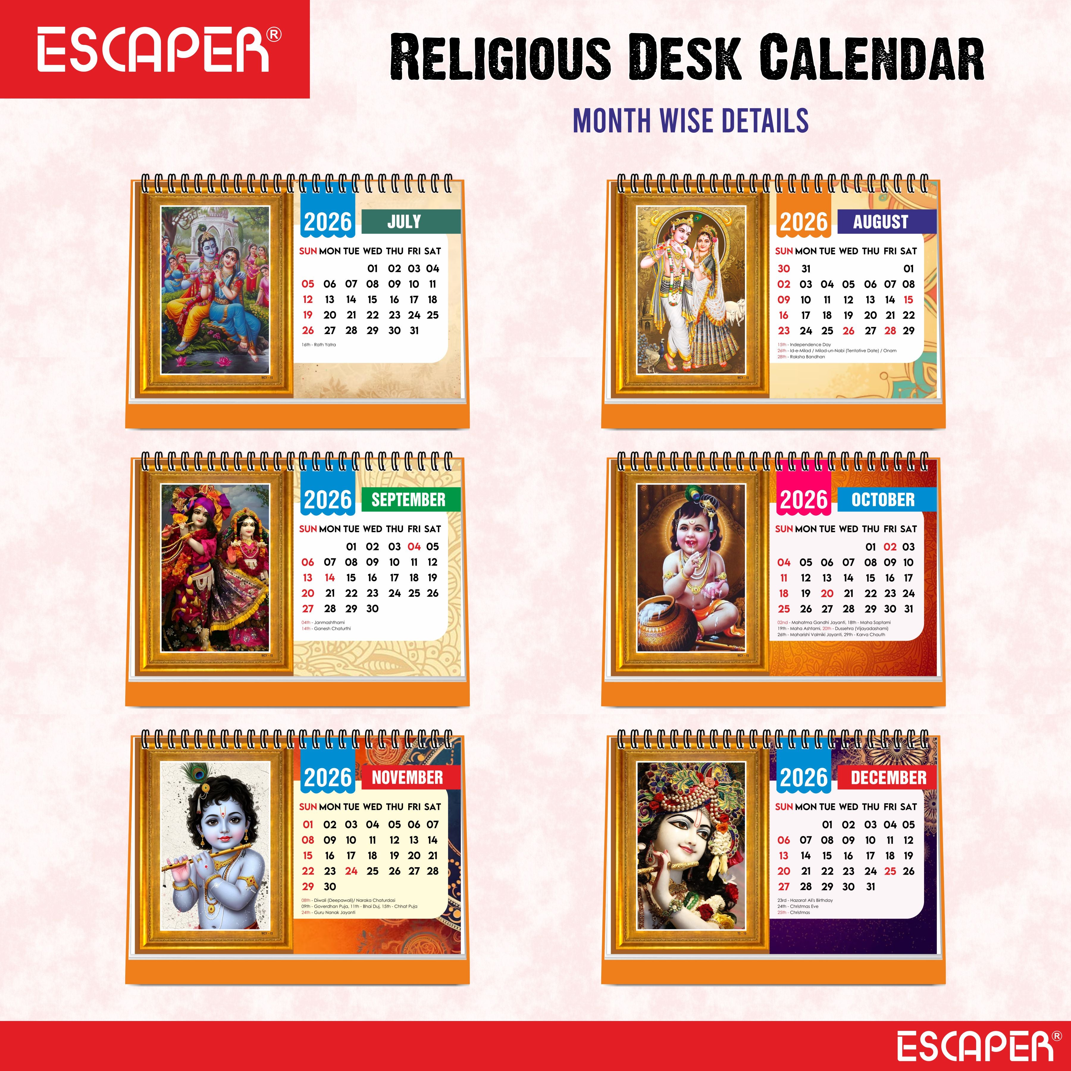 Lord Krishna Table Calendar 2026, Radha Krishna Desk Calendar, A5 Size 8.5 x 5.5", Cute Table Top Calendar, Shri Krishna Calendar 2026, New Year Calendar for Office & Gifting