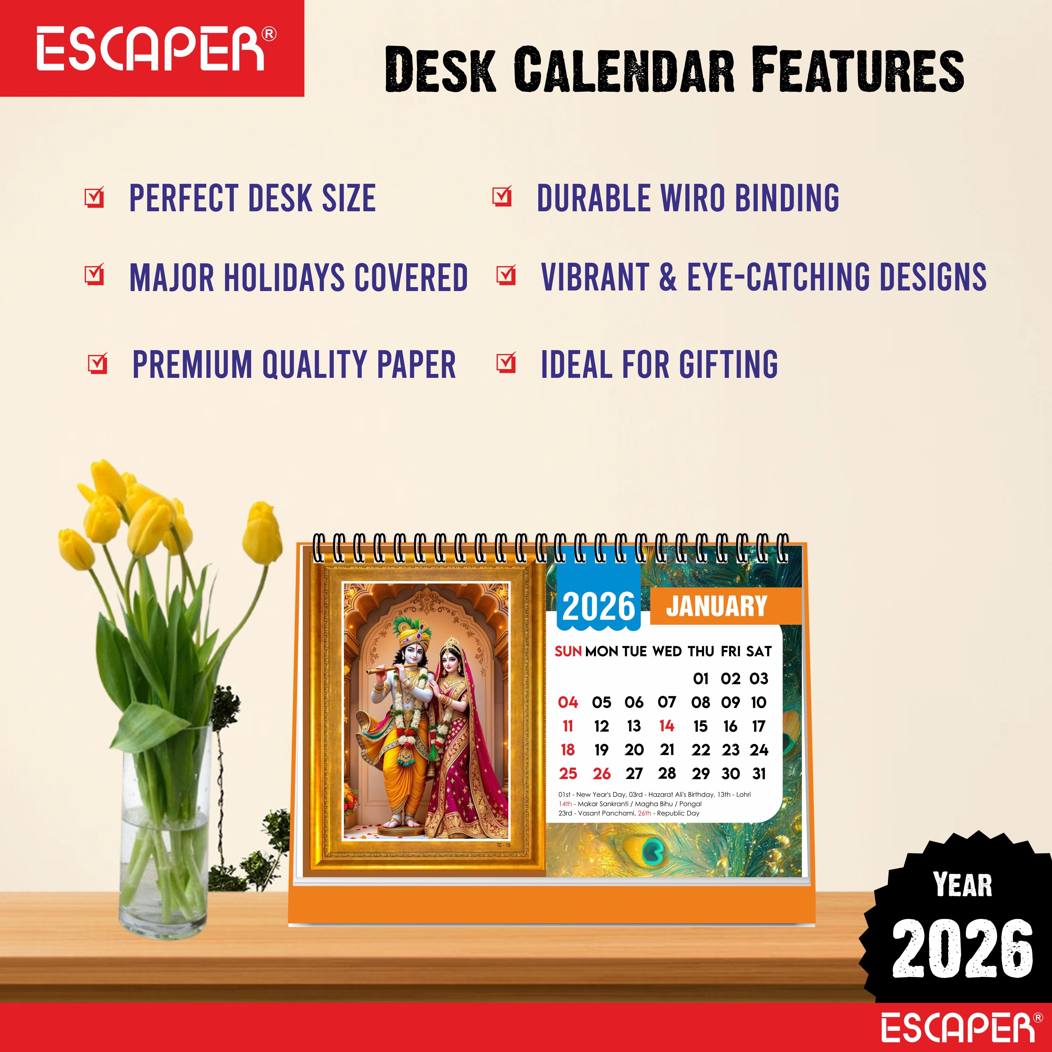 Lord Krishna Table Calendar 2026, Radha Krishna Desk Calendar, A5 Size 8.5 x 5.5", Cute Table Top Calendar, Shri Krishna Calendar 2026, New Year Calendar for Office & Gifting