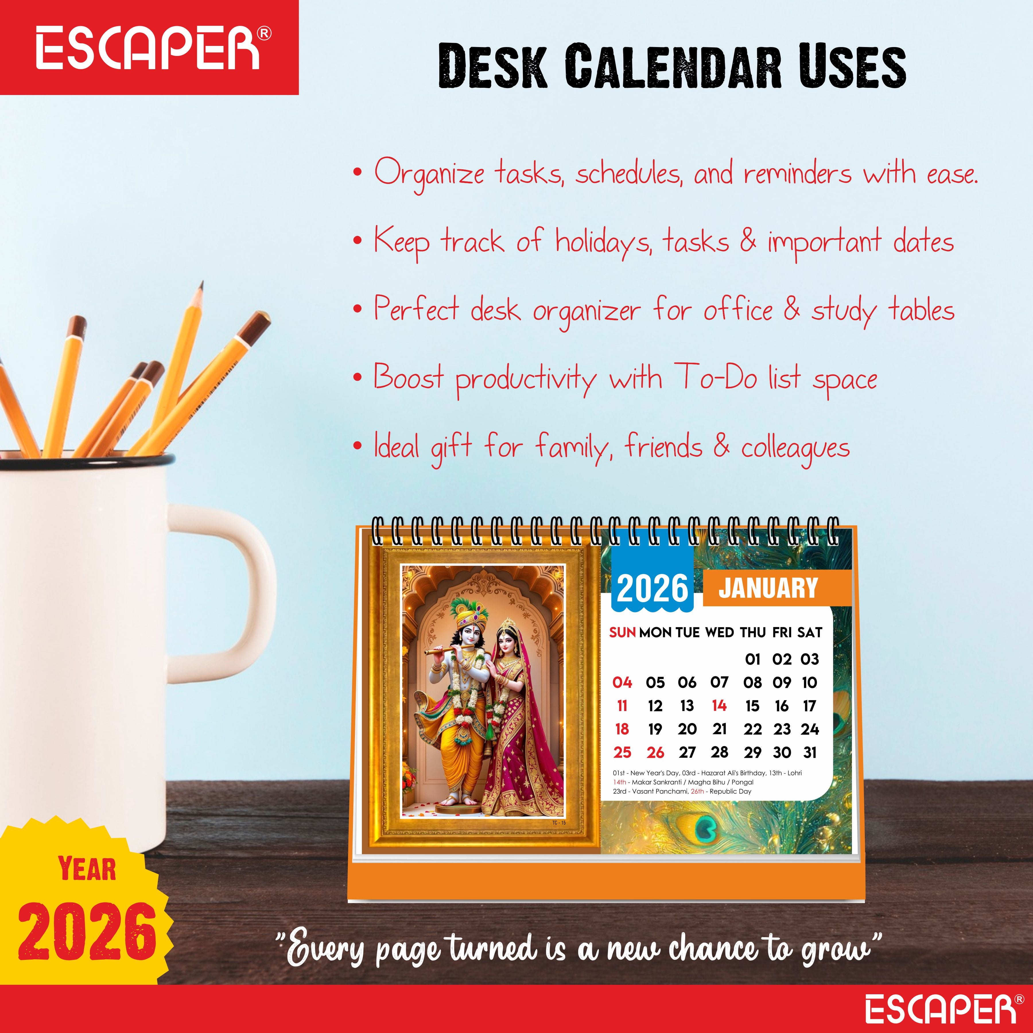 Lord Krishna Table Calendar 2026, Radha Krishna Desk Calendar, A5 Size 8.5 x 5.5", Cute Table Top Calendar, Shri Krishna Calendar 2026, New Year Calendar for Office & Gifting