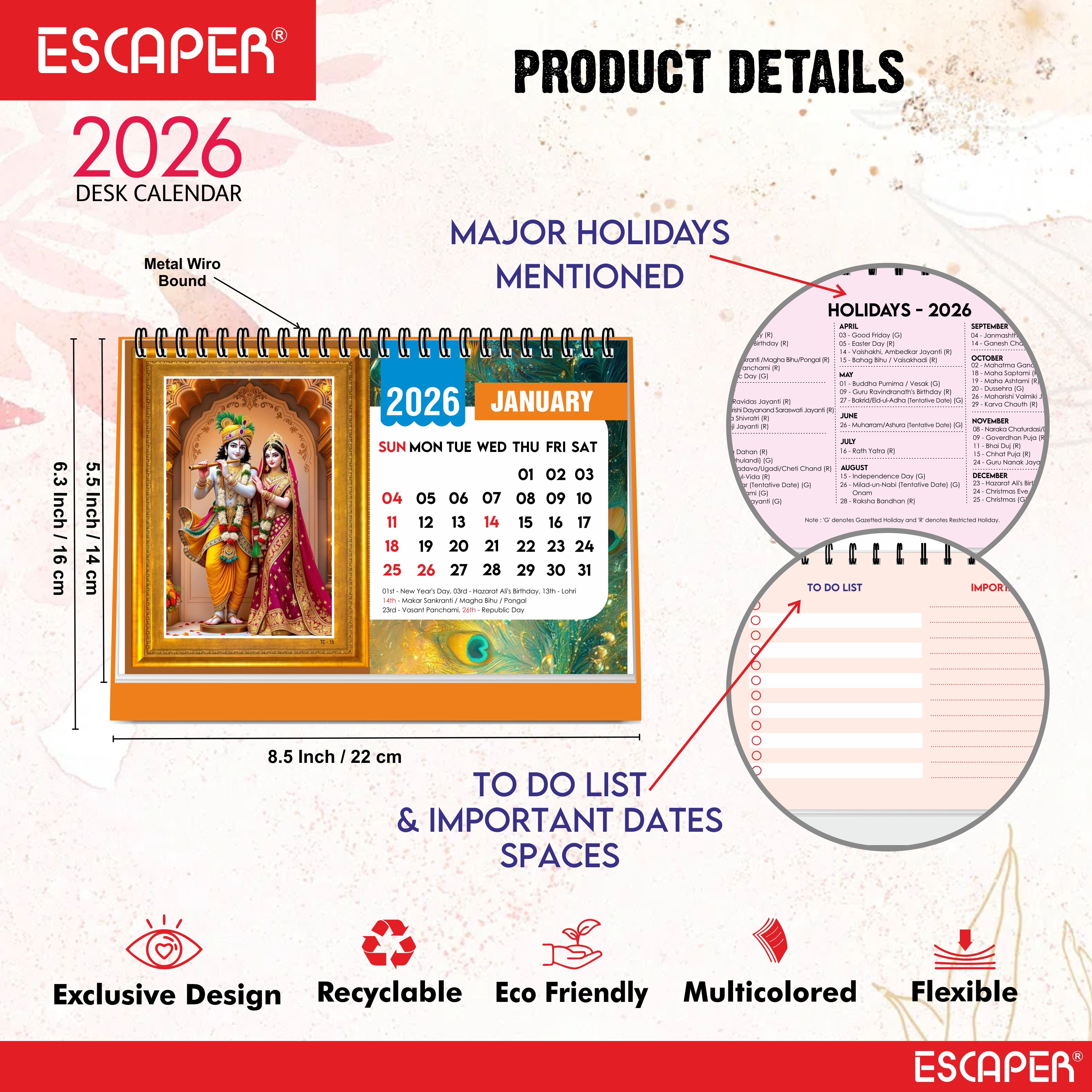 Lord Krishna Table Calendar 2026, Radha Krishna Desk Calendar, A5 Size 8.5 x 5.5", Cute Table Top Calendar, Shri Krishna Calendar 2026, New Year Calendar for Office & Gifting