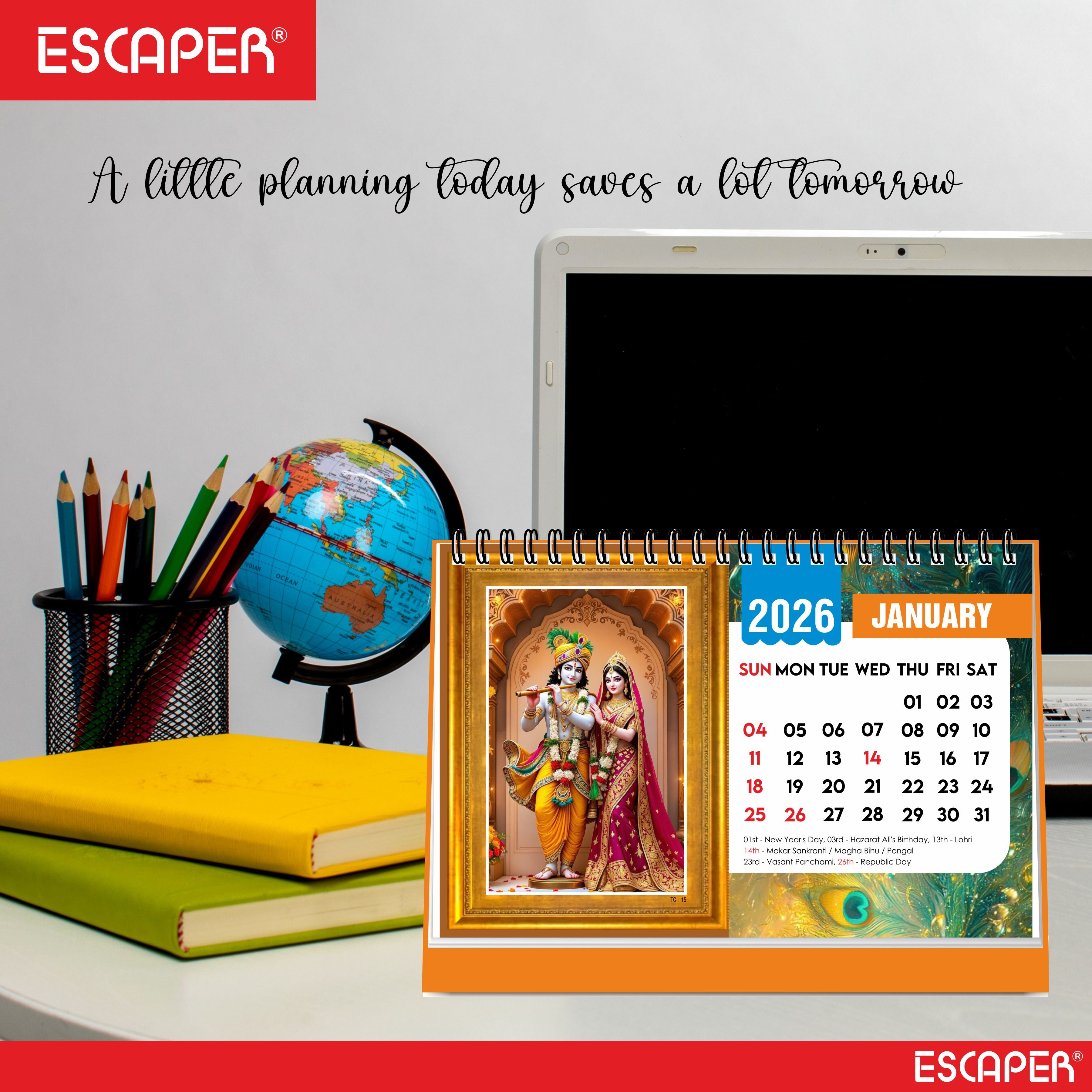 Lord Krishna Table Calendar 2026, Radha Krishna Desk Calendar, A5 Size 8.5 x 5.5", Cute Table Top Calendar, Shri Krishna Calendar 2026, New Year Calendar for Office & Gifting