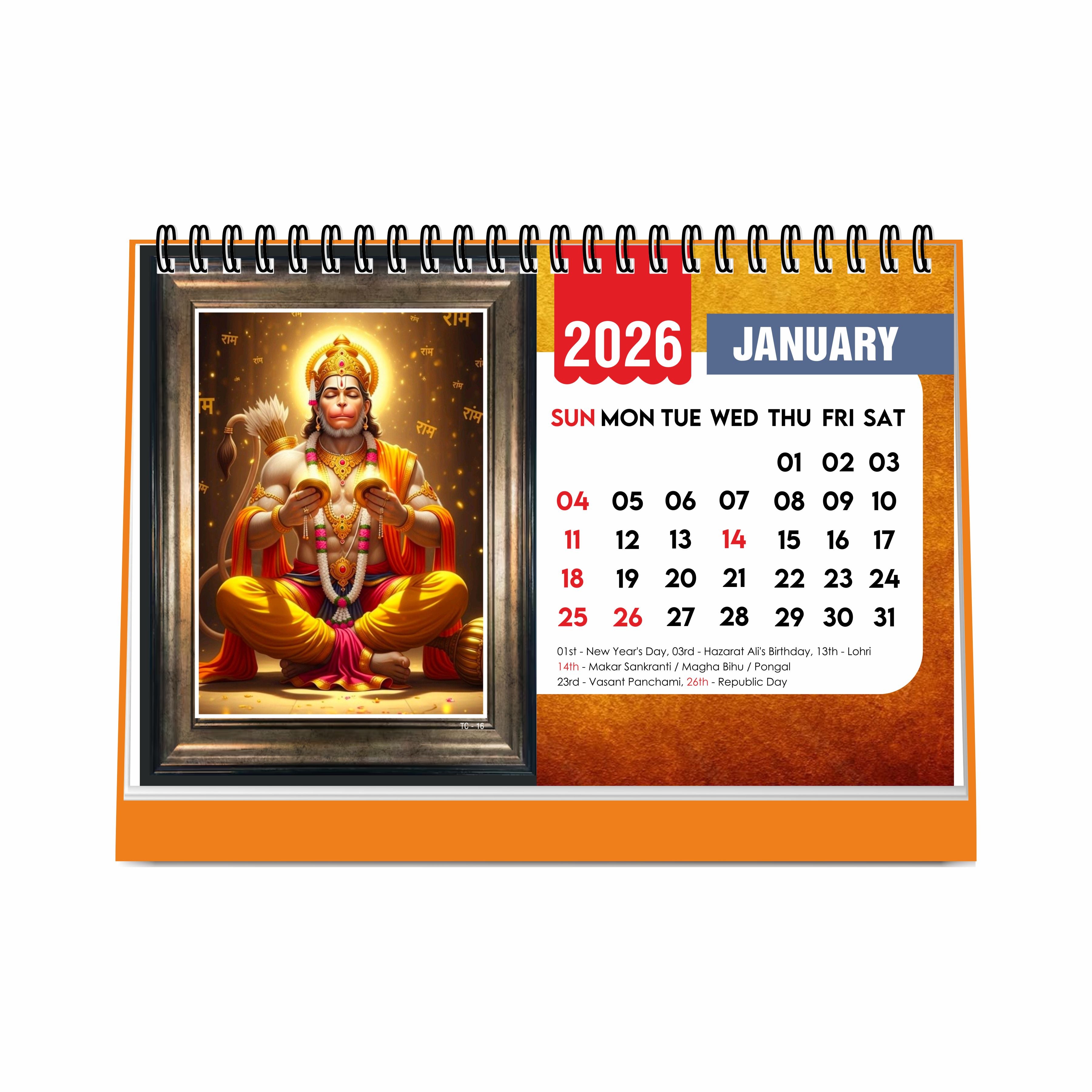 Hanuman Ji Desk Calendar 2026, A5 Size 8.5 x 5.75", Lord Hanuman Table Calendar 2026, Religious Hindu God Calendar, Table Top Calendar 2026
