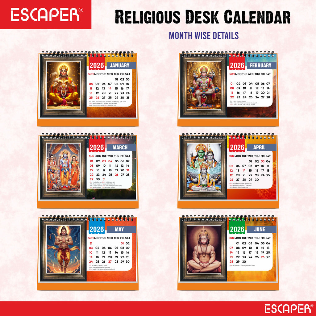 Hanuman Ji Desk Calendar 2026, A5 Size 8.5 x 5.75", Lord Hanuman Table Calendar 2026, Religious Hindu God Calendar, Table Top Calendar 2026