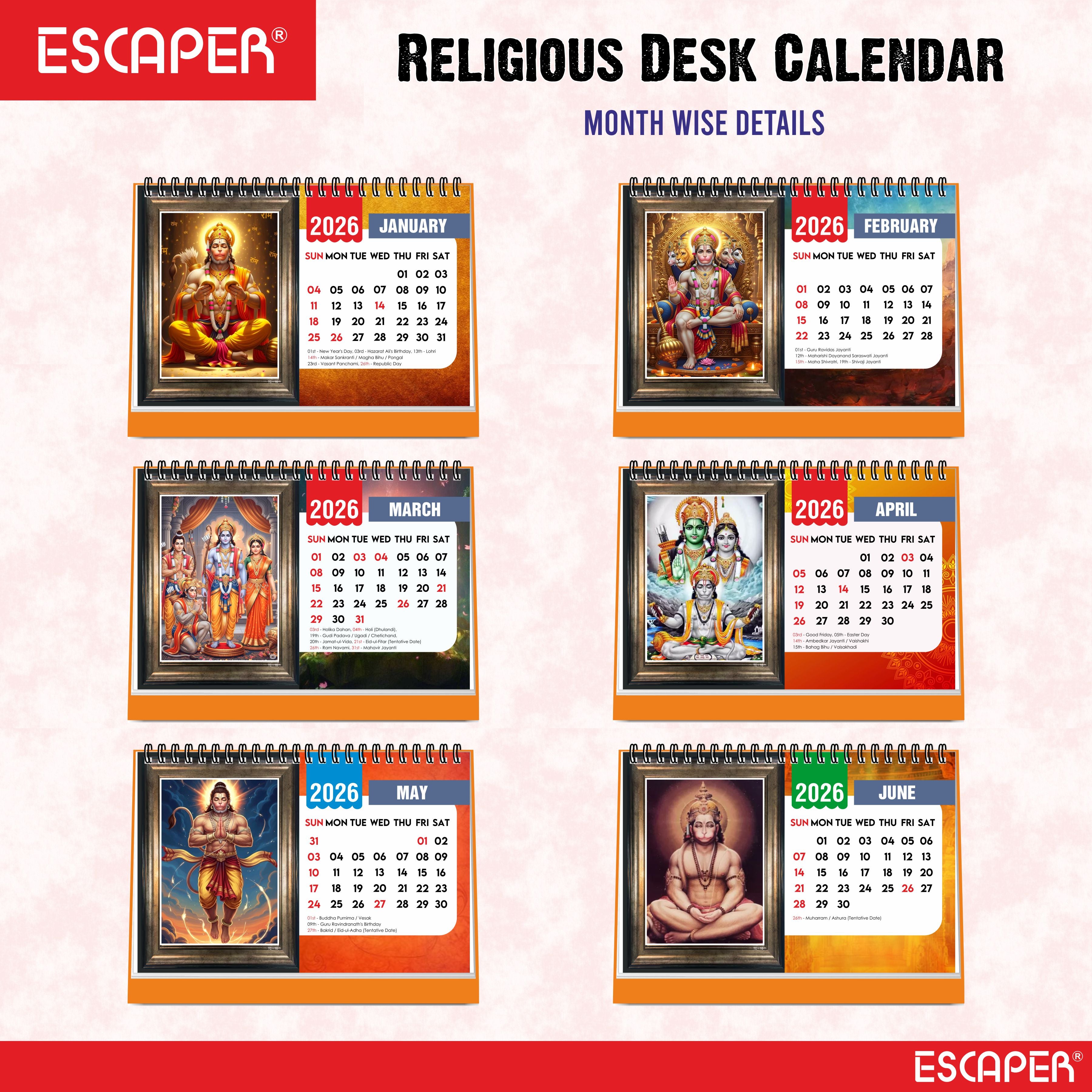 Hanuman Ji Desk Calendar 2026, A5 Size 8.5 x 5.75", Lord Hanuman Table Calendar 2026, Religious Hindu God Calendar, Table Top Calendar 2026