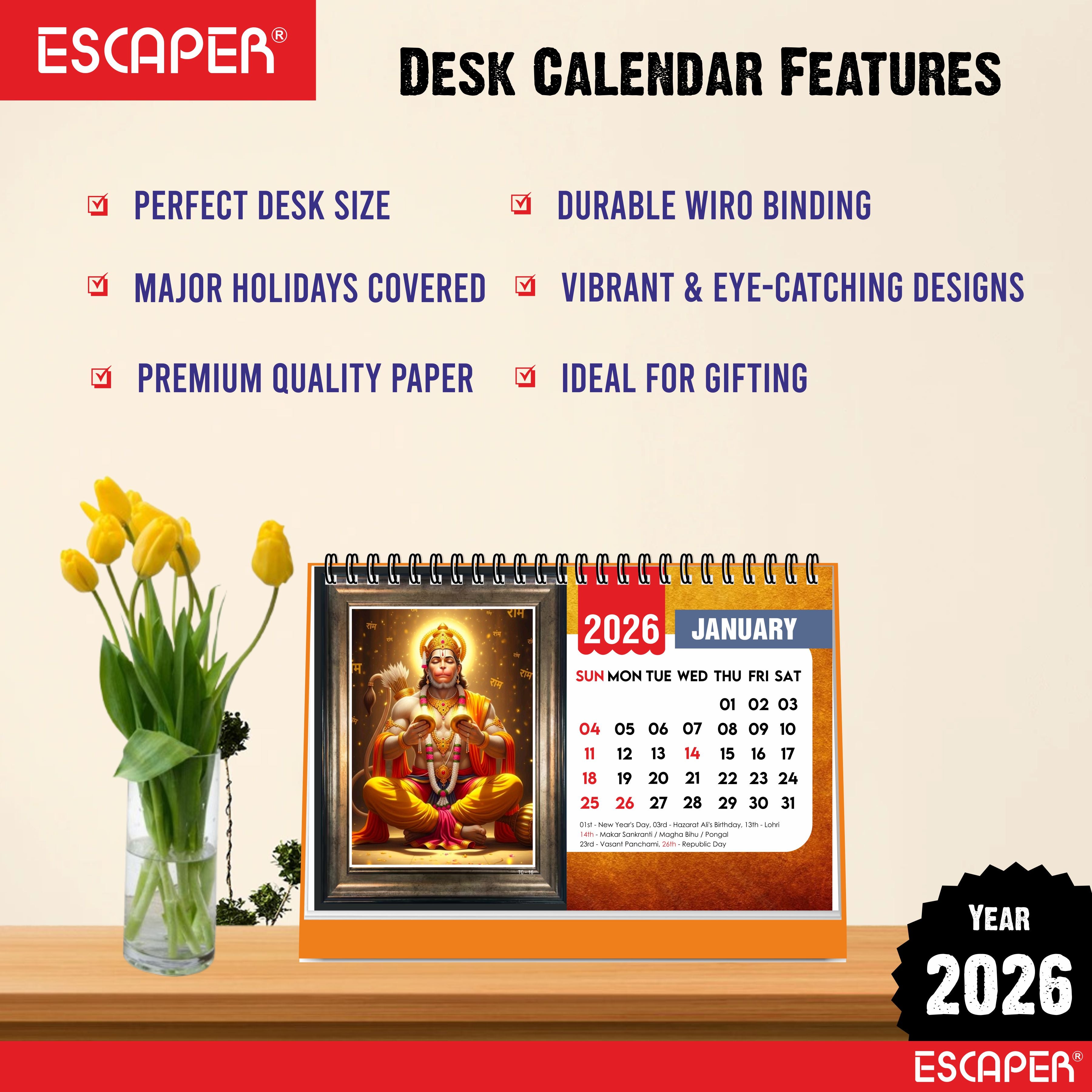 Hanuman Ji Desk Calendar 2026, A5 Size 8.5 x 5.75", Lord Hanuman Table Calendar 2026, Religious Hindu God Calendar, Table Top Calendar 2026