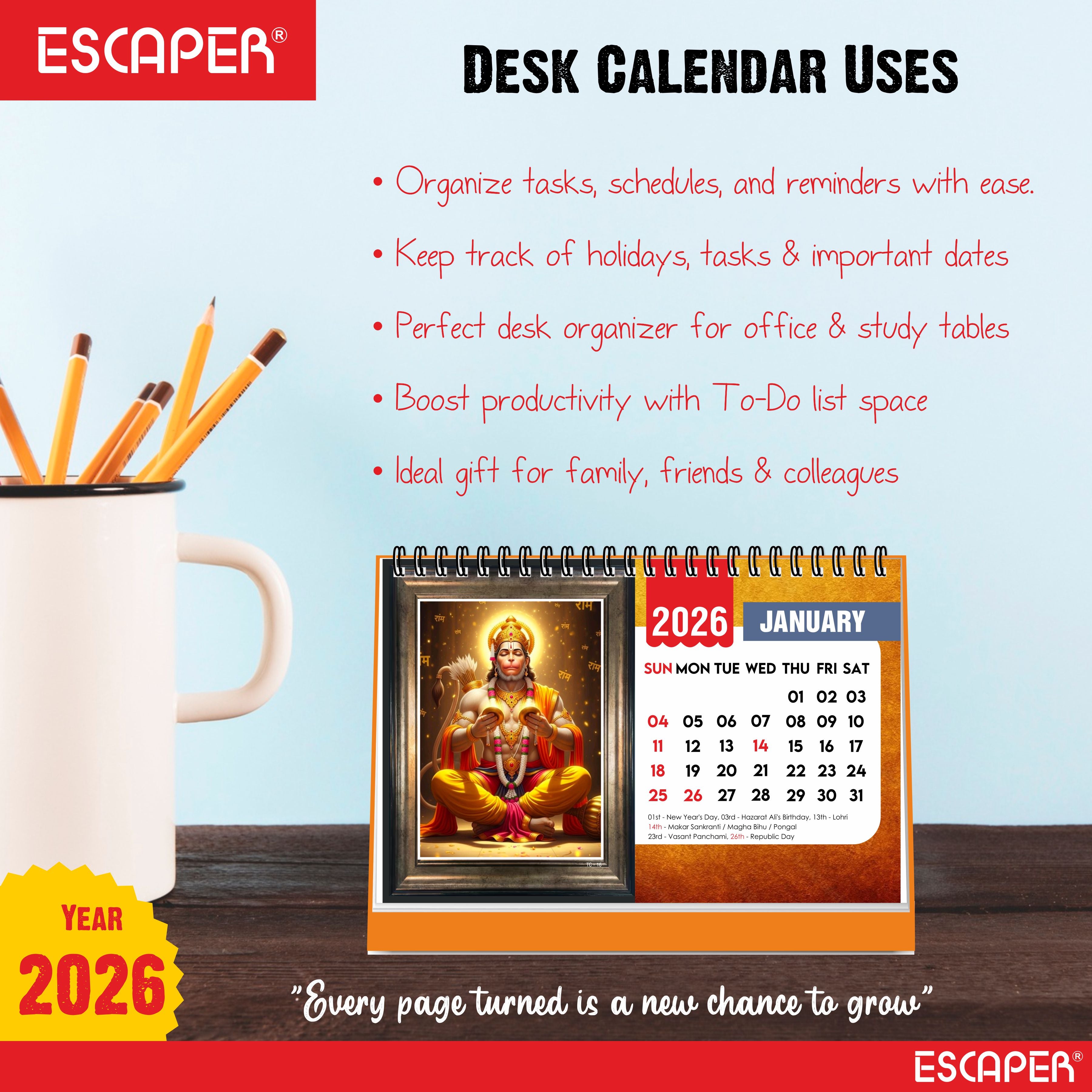 Hanuman Ji Desk Calendar 2026, A5 Size 8.5 x 5.75", Lord Hanuman Table Calendar 2026, Religious Hindu God Calendar, Table Top Calendar 2026