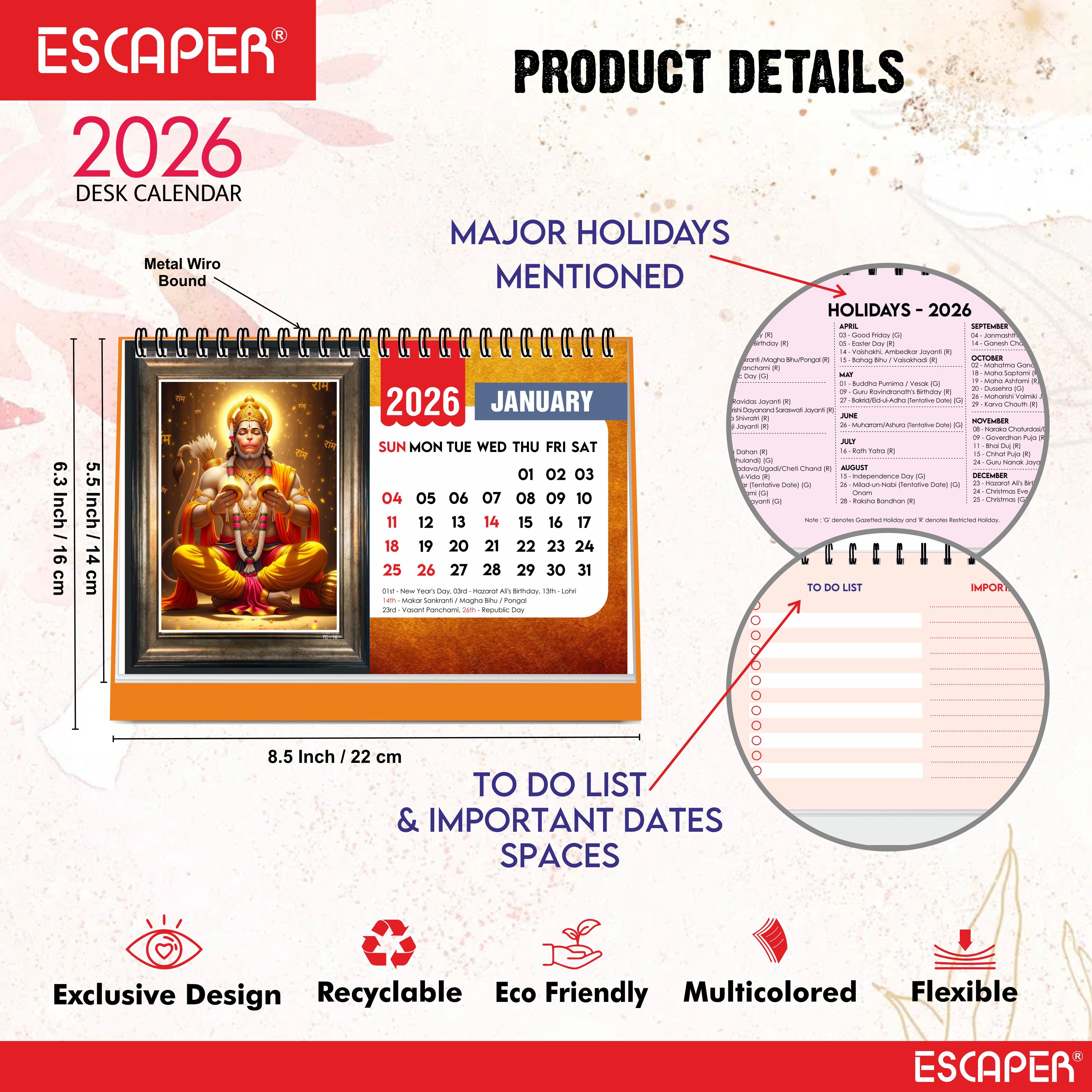 Hanuman Ji Desk Calendar 2026, A5 Size 8.5 x 5.75", Lord Hanuman Table Calendar 2026, Religious Hindu God Calendar, Table Top Calendar 2026
