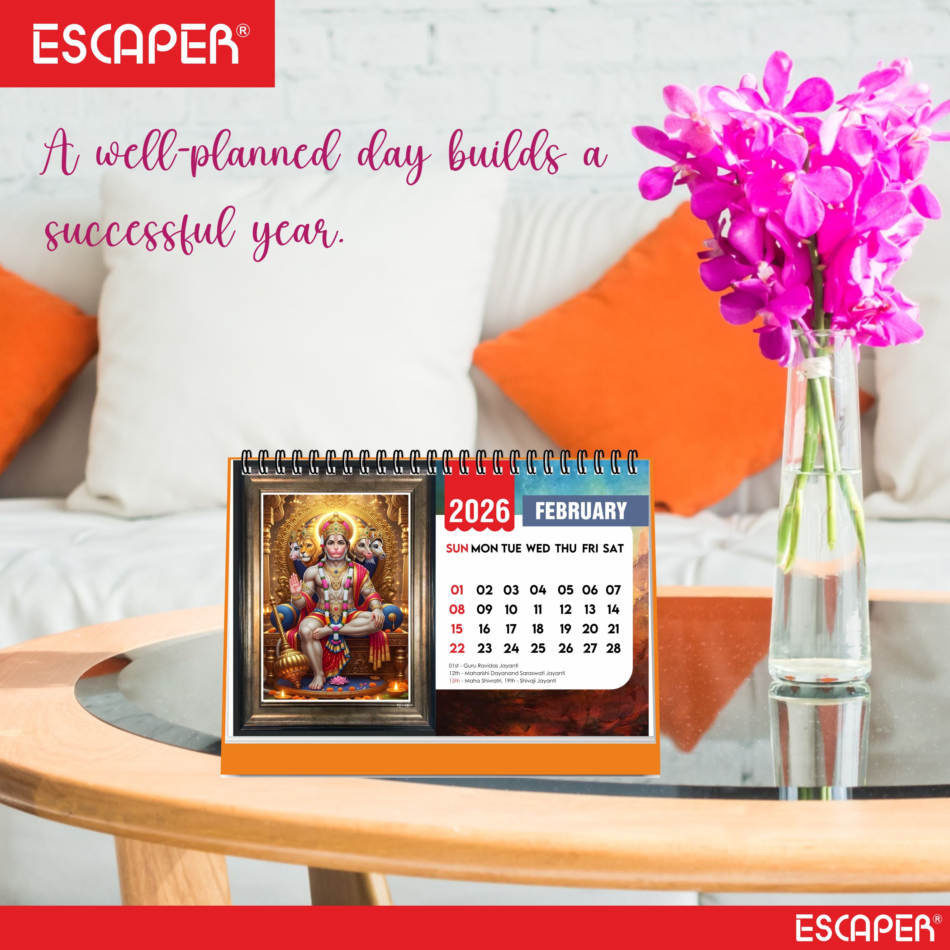 Hanuman Ji Desk Calendar 2026, A5 Size 8.5 x 5.75", Lord Hanuman Table Calendar 2026, Religious Hindu God Calendar, Table Top Calendar 2026