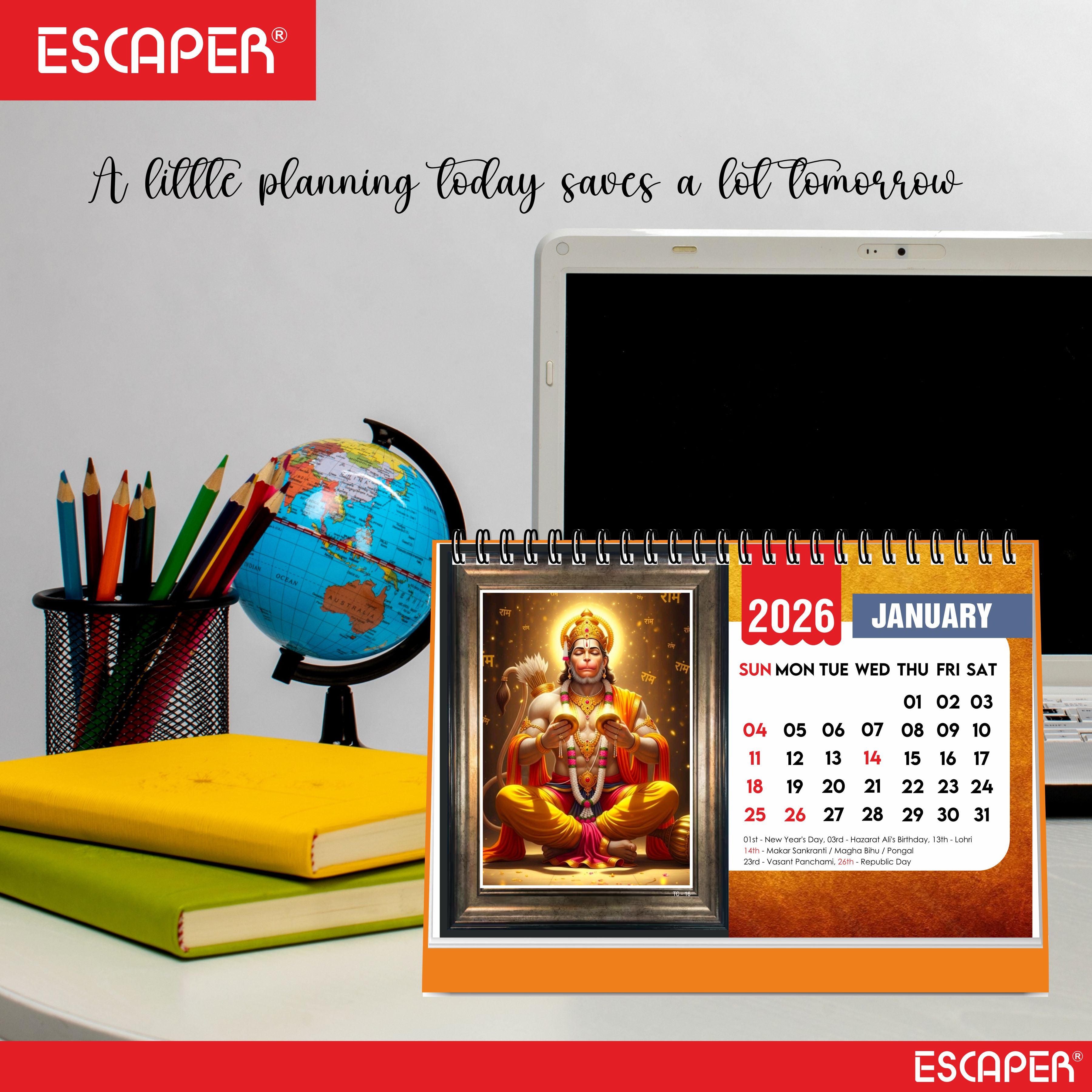Hanuman Ji Desk Calendar 2026, A5 Size 8.5 x 5.75", Lord Hanuman Table Calendar 2026, Religious Hindu God Calendar, Table Top Calendar 2026