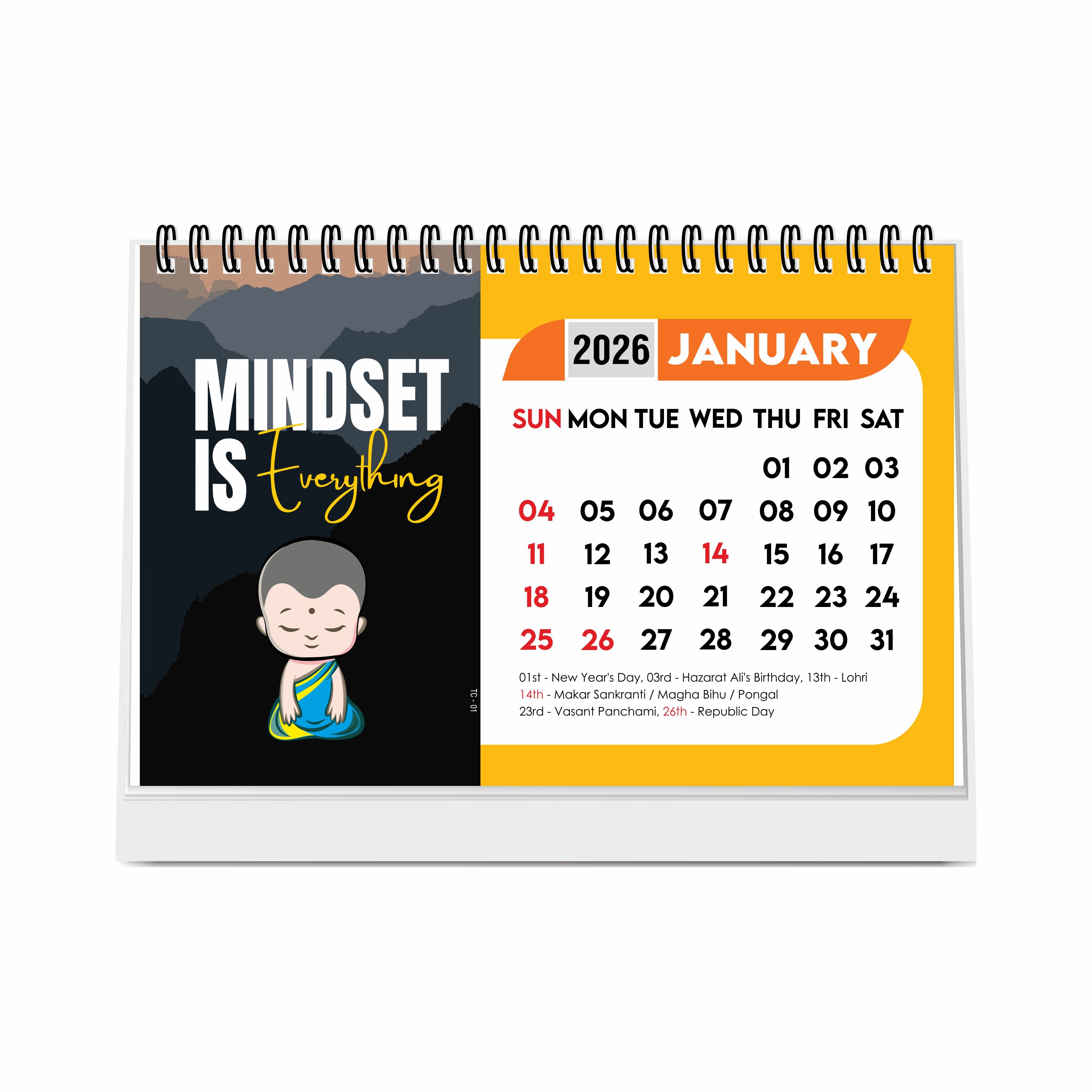 "Mindset is Everything" Motivational Table Calendar 2026, A5 Size - 8.5 x 5.5" inch, 2026 Desk Calendar with Quotes, Cute Desk Accessory & New Year Gift