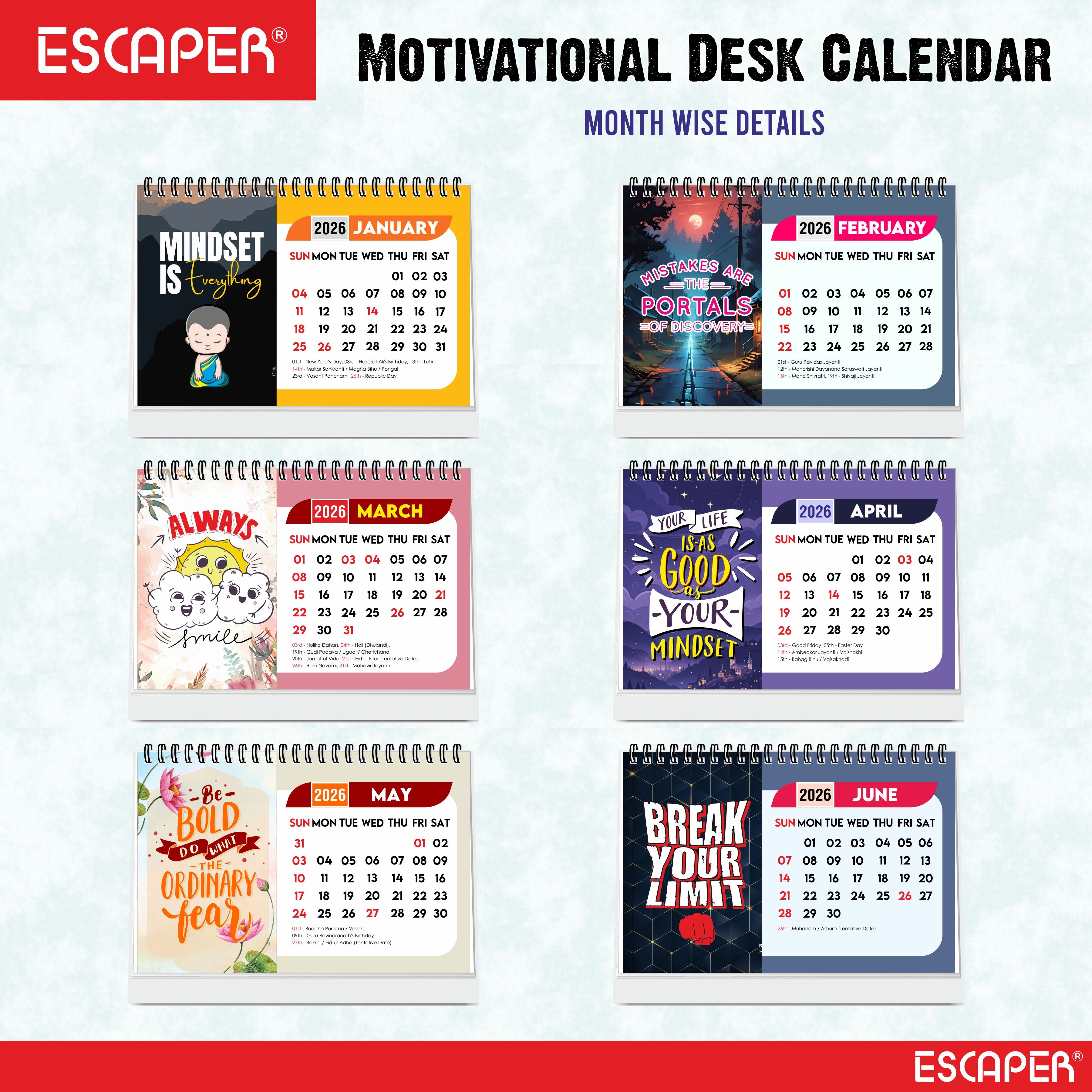 "Mindset is Everything" Motivational Table Calendar 2026, A5 Size - 8.5 x 5.5" inch, 2026 Desk Calendar with Quotes, Cute Desk Accessory & New Year Gift