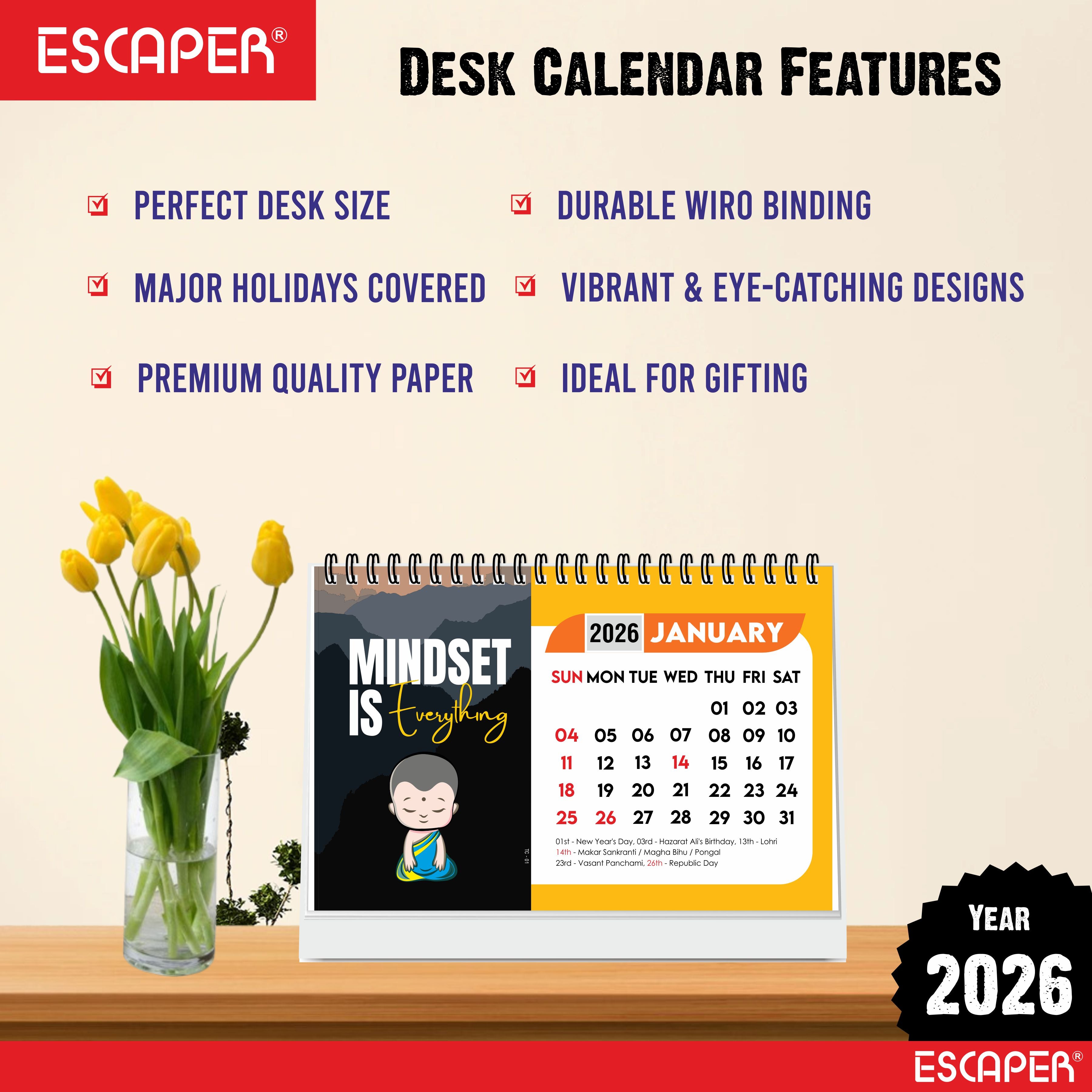 "Mindset is Everything" Motivational Table Calendar 2026, A5 Size - 8.5 x 5.5" inch, 2026 Desk Calendar with Quotes, Cute Desk Accessory & New Year Gift