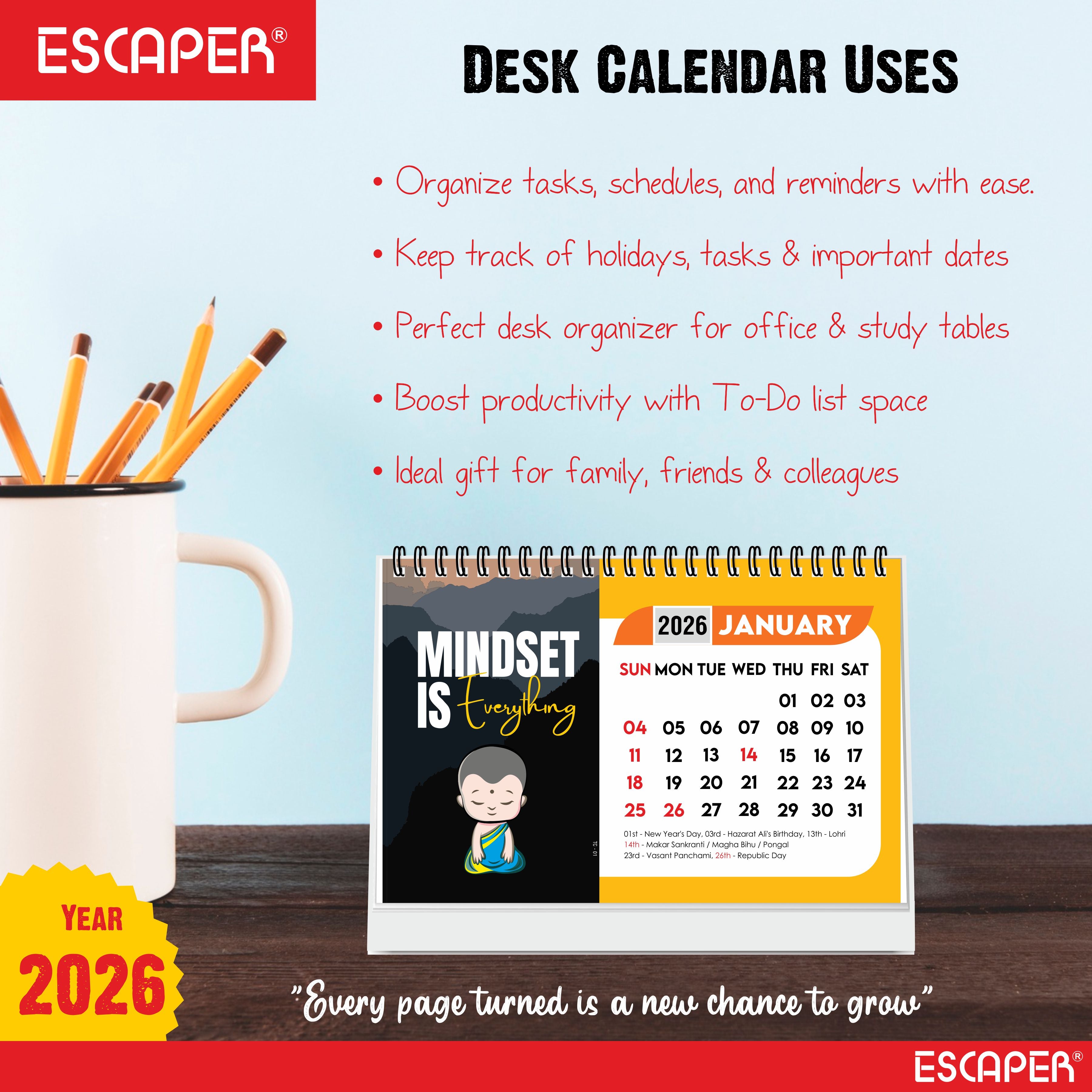 "Mindset is Everything" Motivational Table Calendar 2026, A5 Size - 8.5 x 5.5" inch, 2026 Desk Calendar with Quotes, Cute Desk Accessory & New Year Gift