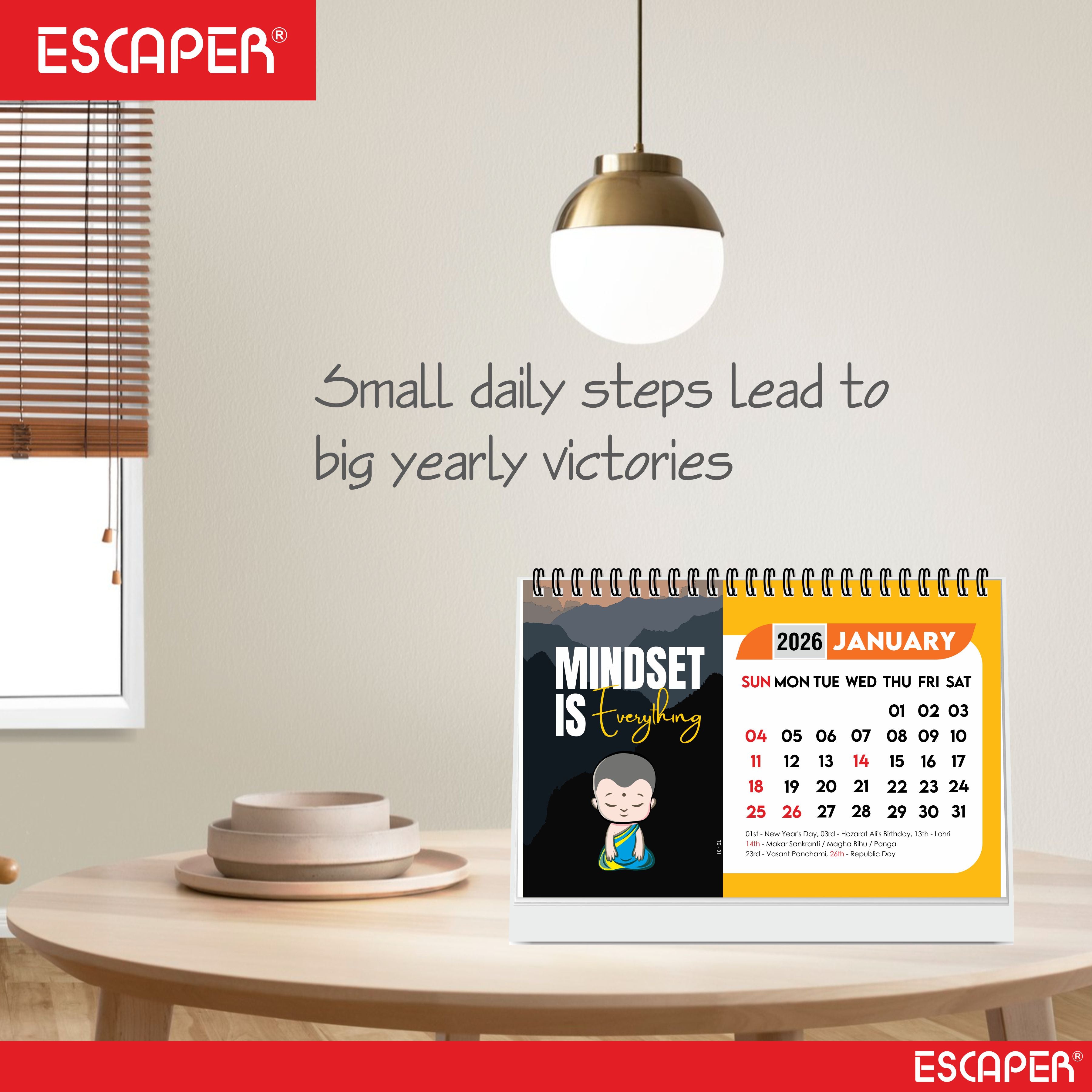 "Mindset is Everything" Motivational Table Calendar 2026, A5 Size - 8.5 x 5.5" inch, 2026 Desk Calendar with Quotes, Cute Desk Accessory & New Year Gift