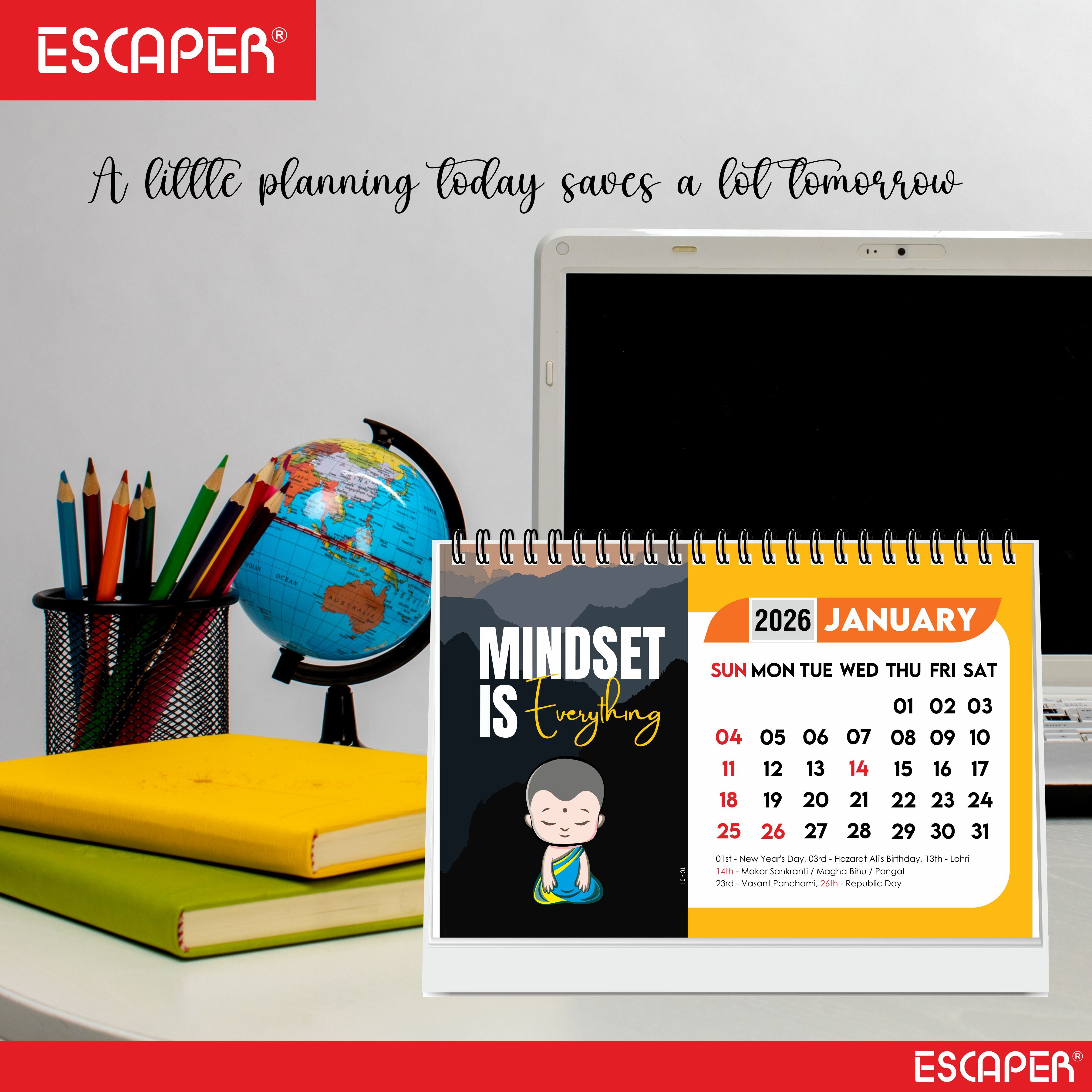"Mindset is Everything" Motivational Table Calendar 2026, A5 Size - 8.5 x 5.5" inch, 2026 Desk Calendar with Quotes, Cute Desk Accessory & New Year Gift