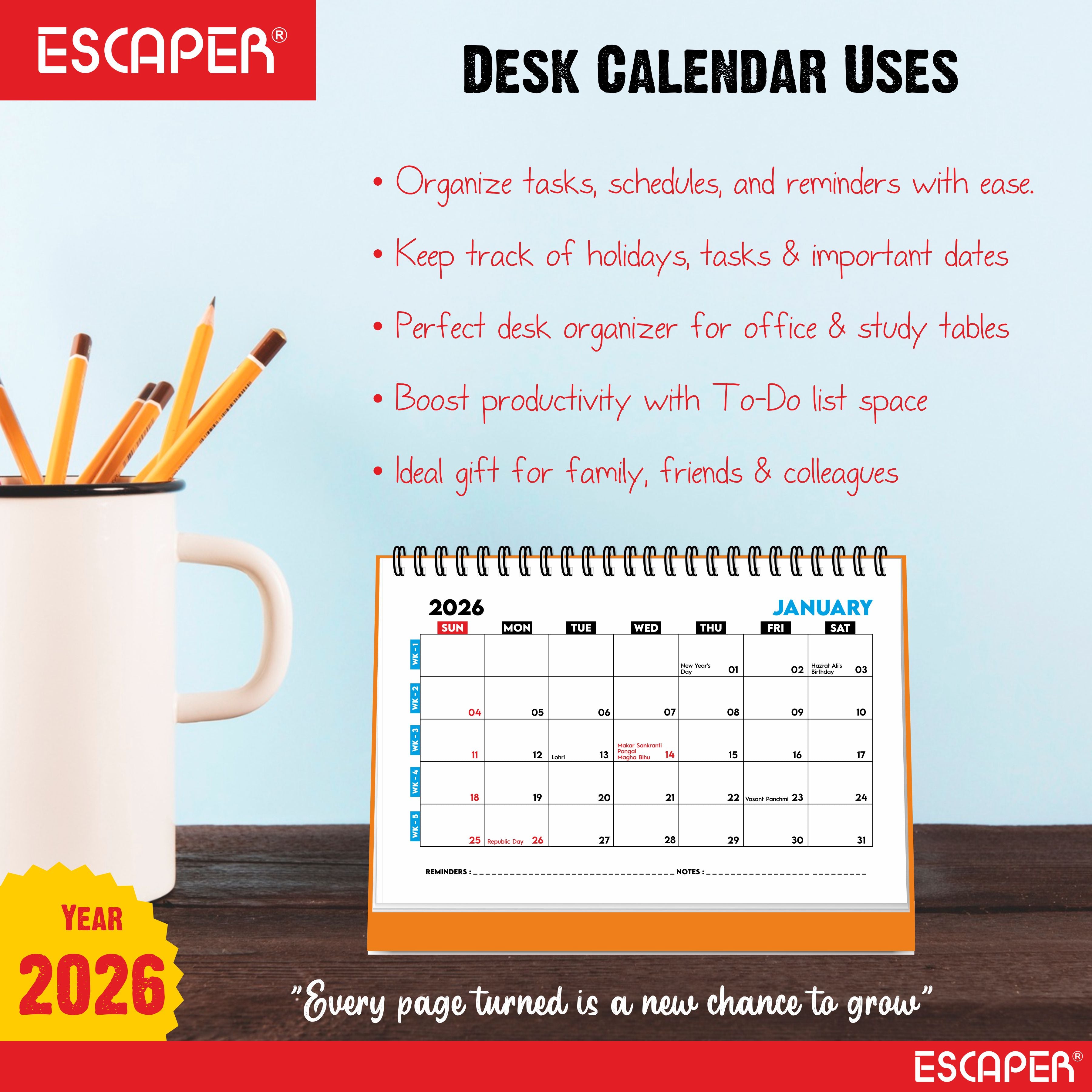 Desk Planner & Table Calendar – A5 Daily Organiser for Home, Office & Study - Track Tasks, Notes, Meetings, Deadlines and Important Dates, 2026 New Year Gift
