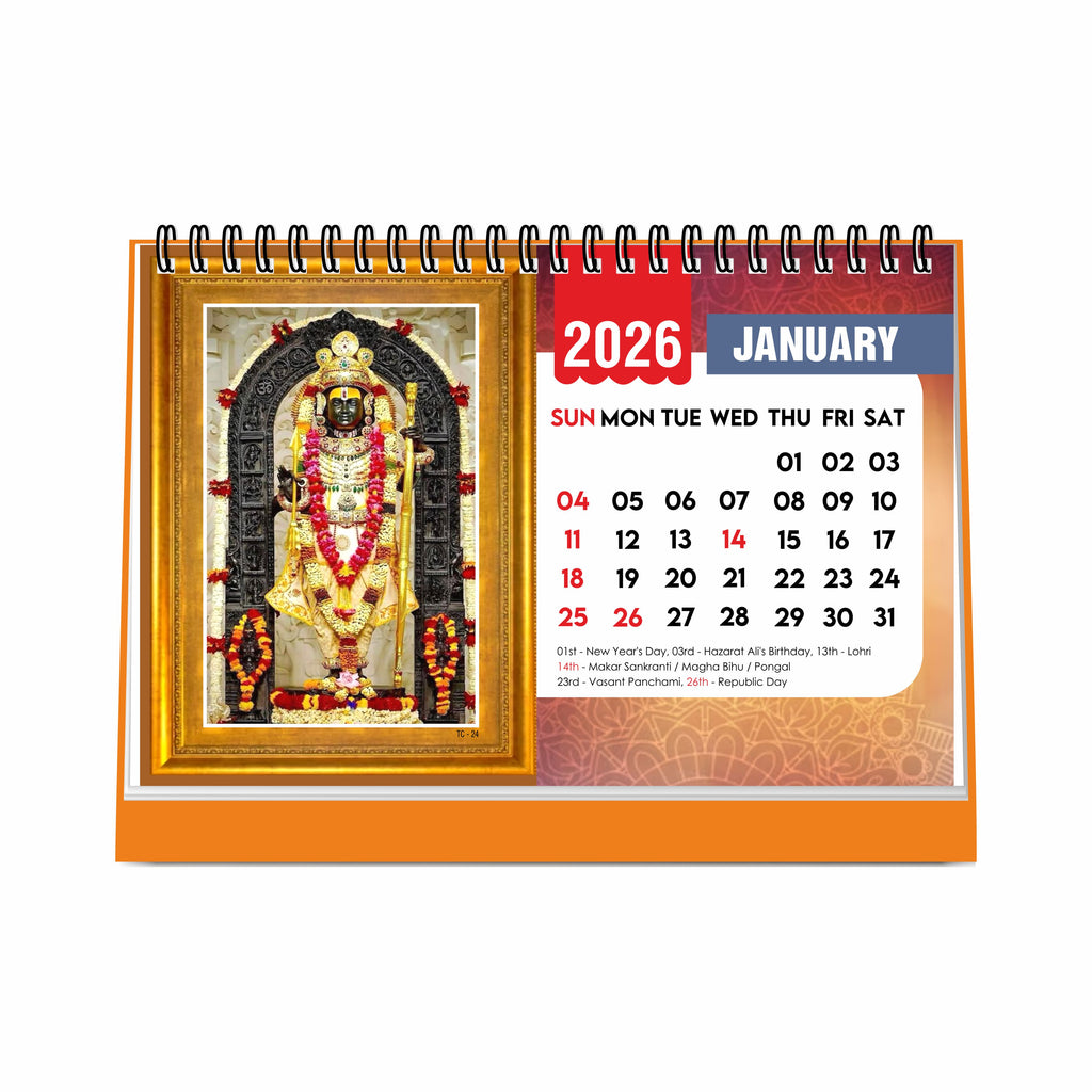 Shree Ram 2026 Table Calendar – Ram Lalla & Hanuman Photo, Ram Ji & Ram Darbar Devotional Desk Calendar for Daily Inspiration and Spiritual Blessings, Hindu Calendar 2026
