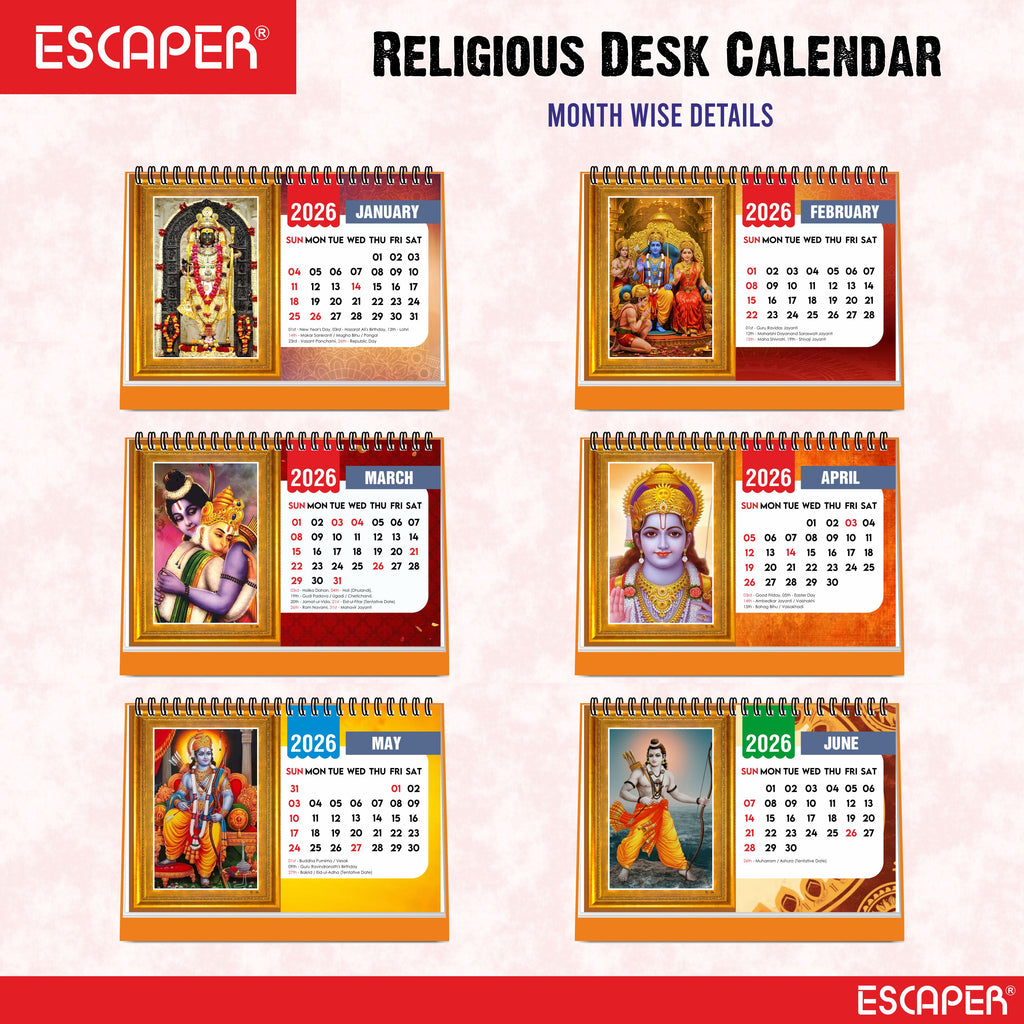 Shree Ram 2026 Table Calendar – Ram Lalla & Hanuman Photo, Ram Ji & Ram Darbar Devotional Desk Calendar for Daily Inspiration and Spiritual Blessings, Hindu Calendar 2026
