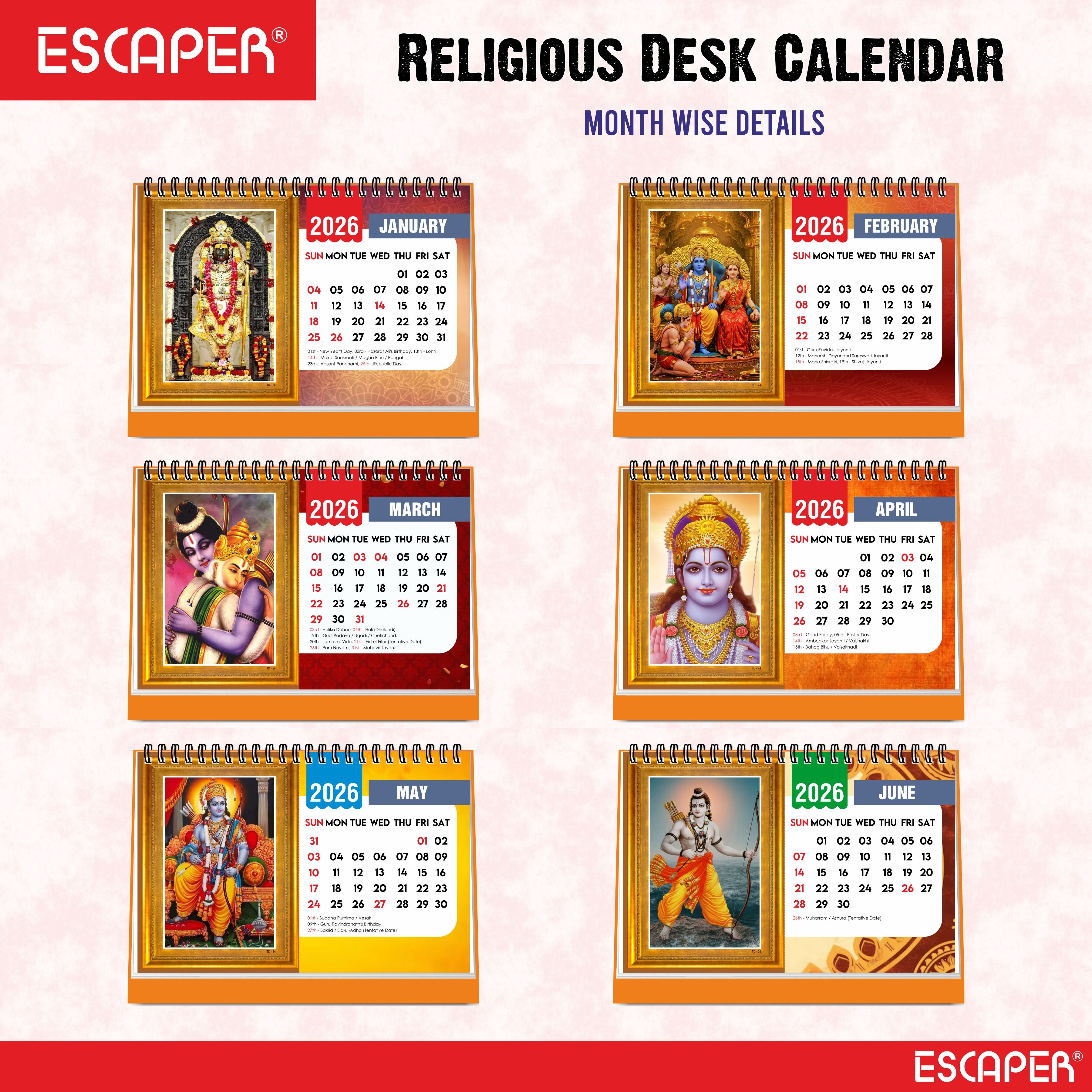 Shree Ram 2026 Table Calendar – Ram Lalla & Hanuman Photo, Ram Ji & Ram Darbar Devotional Desk Calendar for Daily Inspiration and Spiritual Blessings, Hindu Calendar 2026