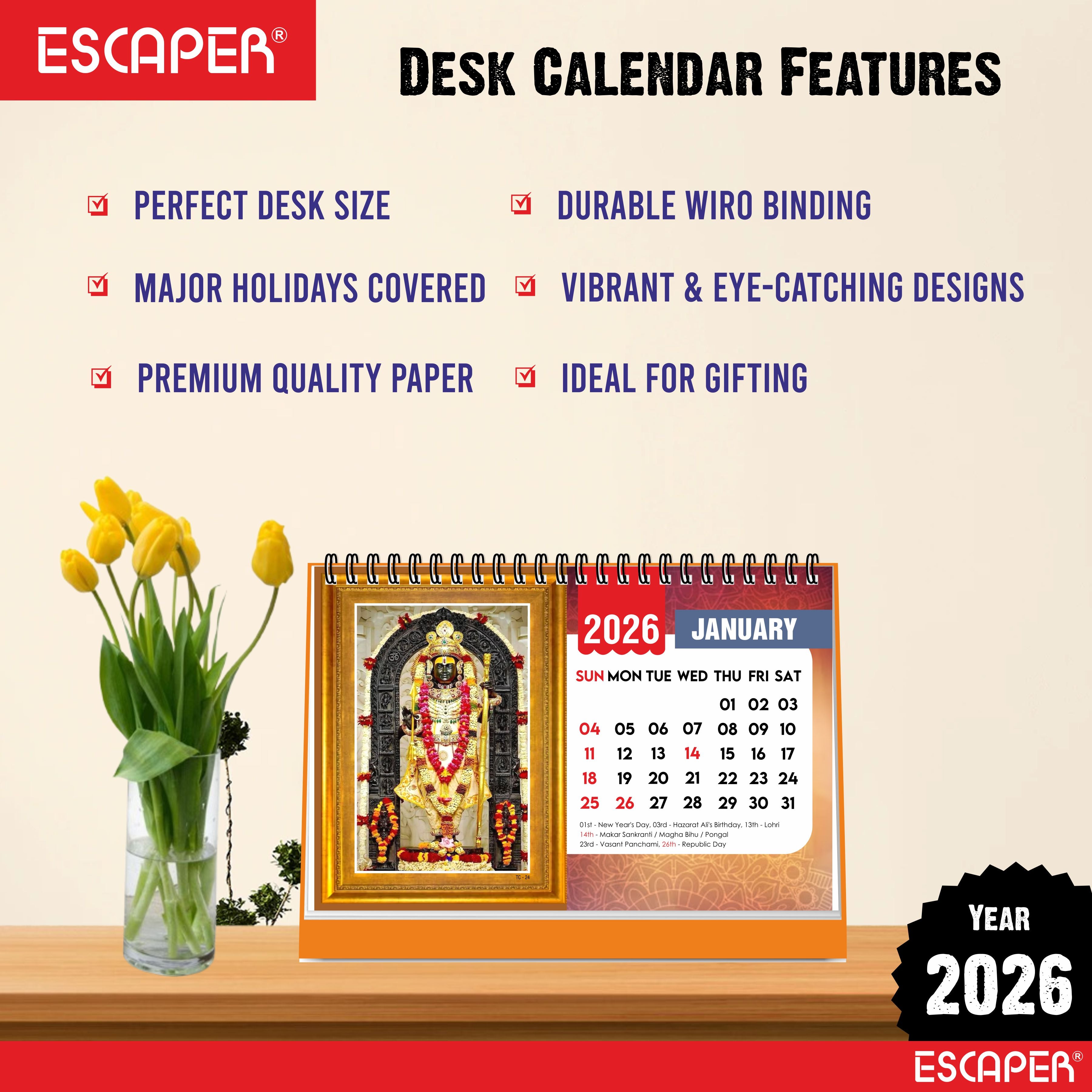 Shree Ram 2026 Table Calendar – Ram Lalla & Hanuman Photo, Ram Ji & Ram Darbar Devotional Desk Calendar for Daily Inspiration and Spiritual Blessings, Hindu Calendar 2026
