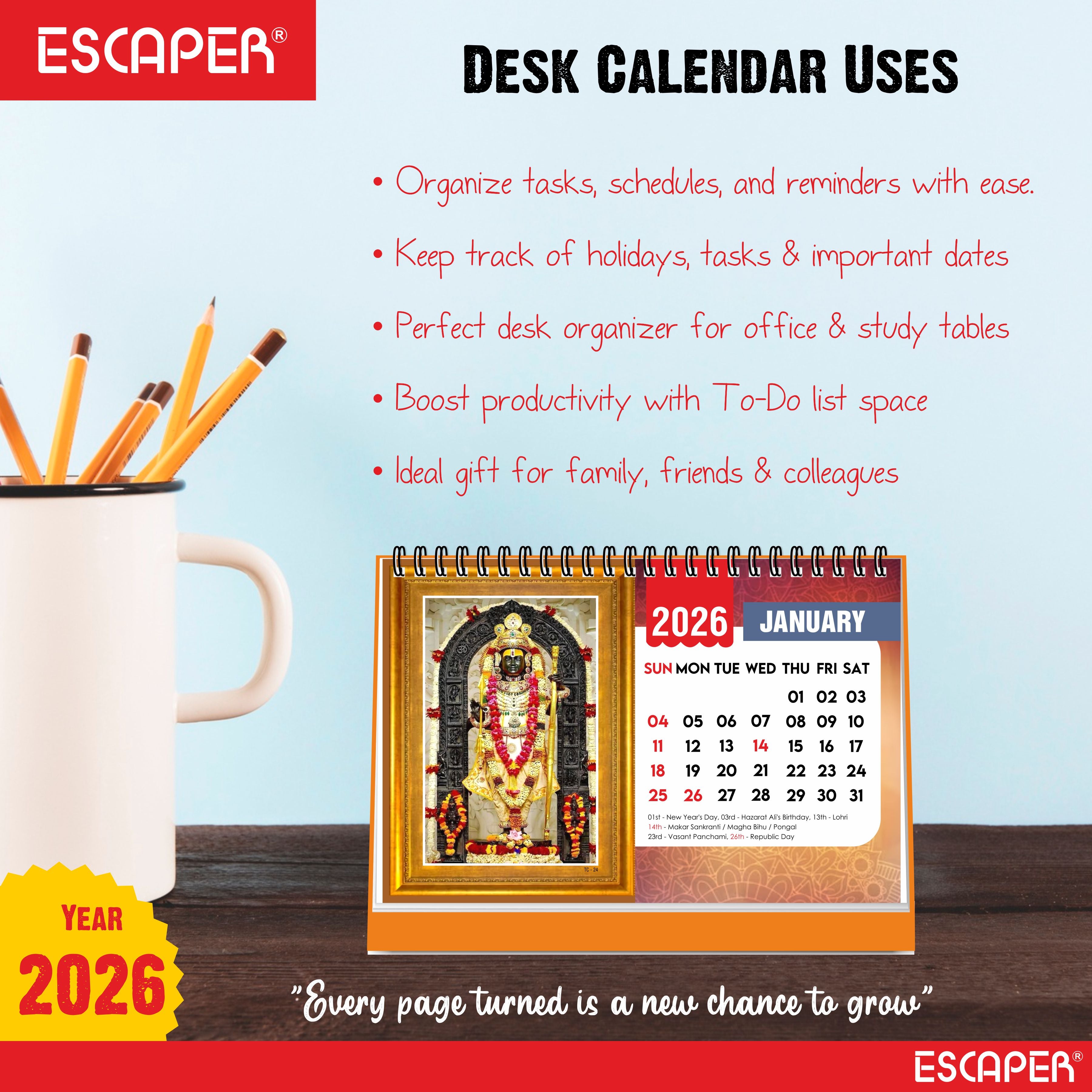 Shree Ram 2026 Table Calendar – Ram Lalla & Hanuman Photo, Ram Ji & Ram Darbar Devotional Desk Calendar for Daily Inspiration and Spiritual Blessings, Hindu Calendar 2026