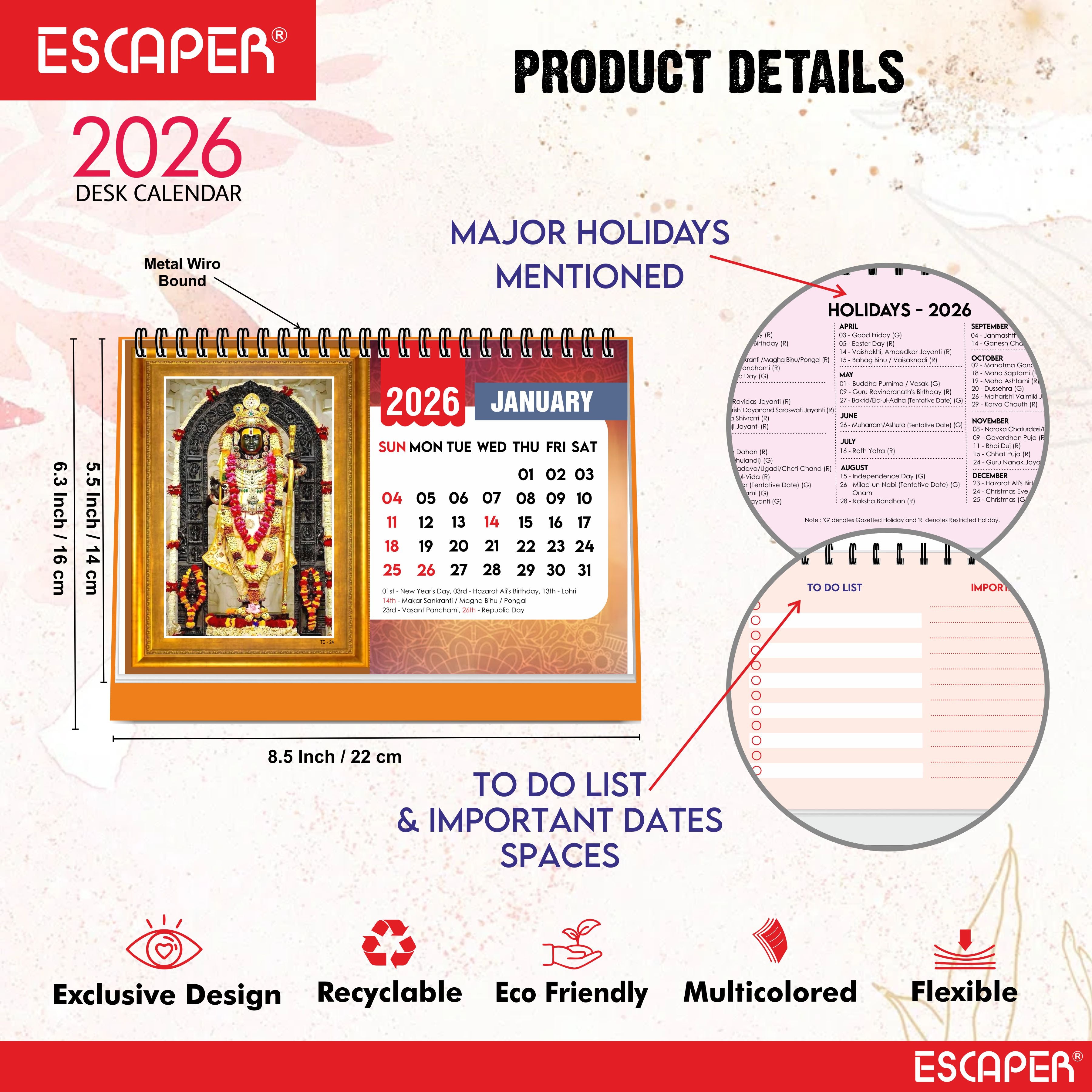 Shree Ram 2026 Table Calendar – Ram Lalla & Hanuman Photo, Ram Ji & Ram Darbar Devotional Desk Calendar for Daily Inspiration and Spiritual Blessings, Hindu Calendar 2026