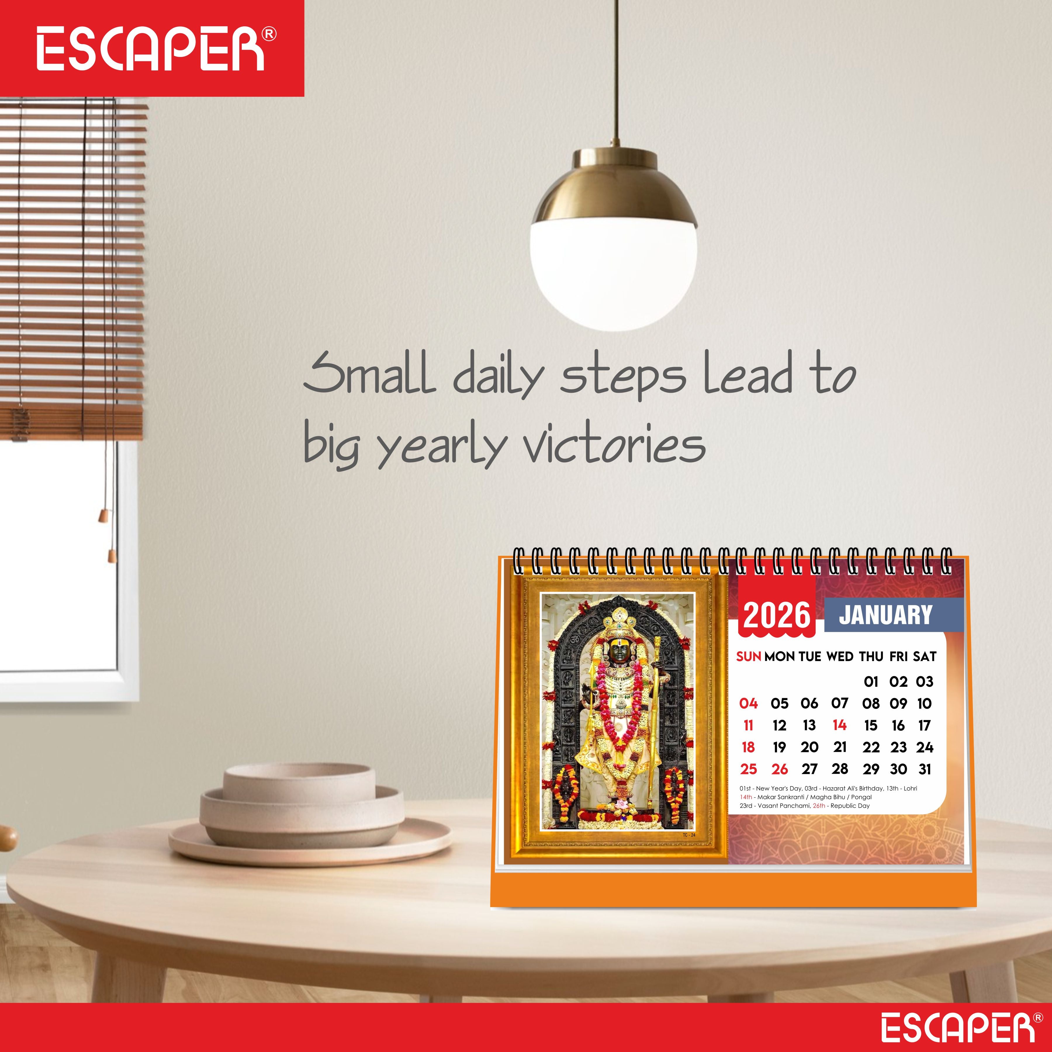 Shree Ram 2026 Table Calendar – Ram Lalla & Hanuman Photo, Ram Ji & Ram Darbar Devotional Desk Calendar for Daily Inspiration and Spiritual Blessings, Hindu Calendar 2026