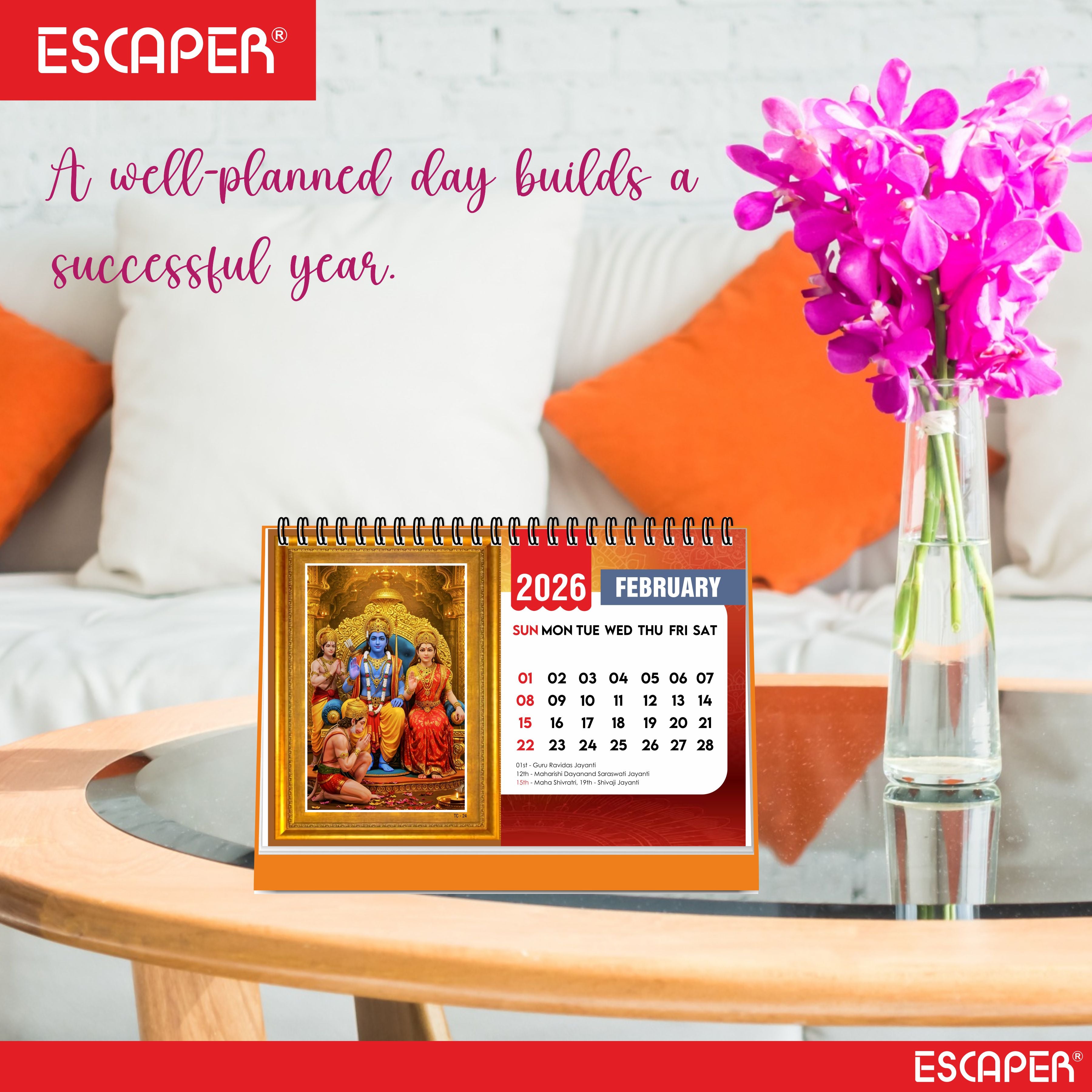 Shree Ram 2026 Table Calendar – Ram Lalla & Hanuman Photo, Ram Ji & Ram Darbar Devotional Desk Calendar for Daily Inspiration and Spiritual Blessings, Hindu Calendar 2026