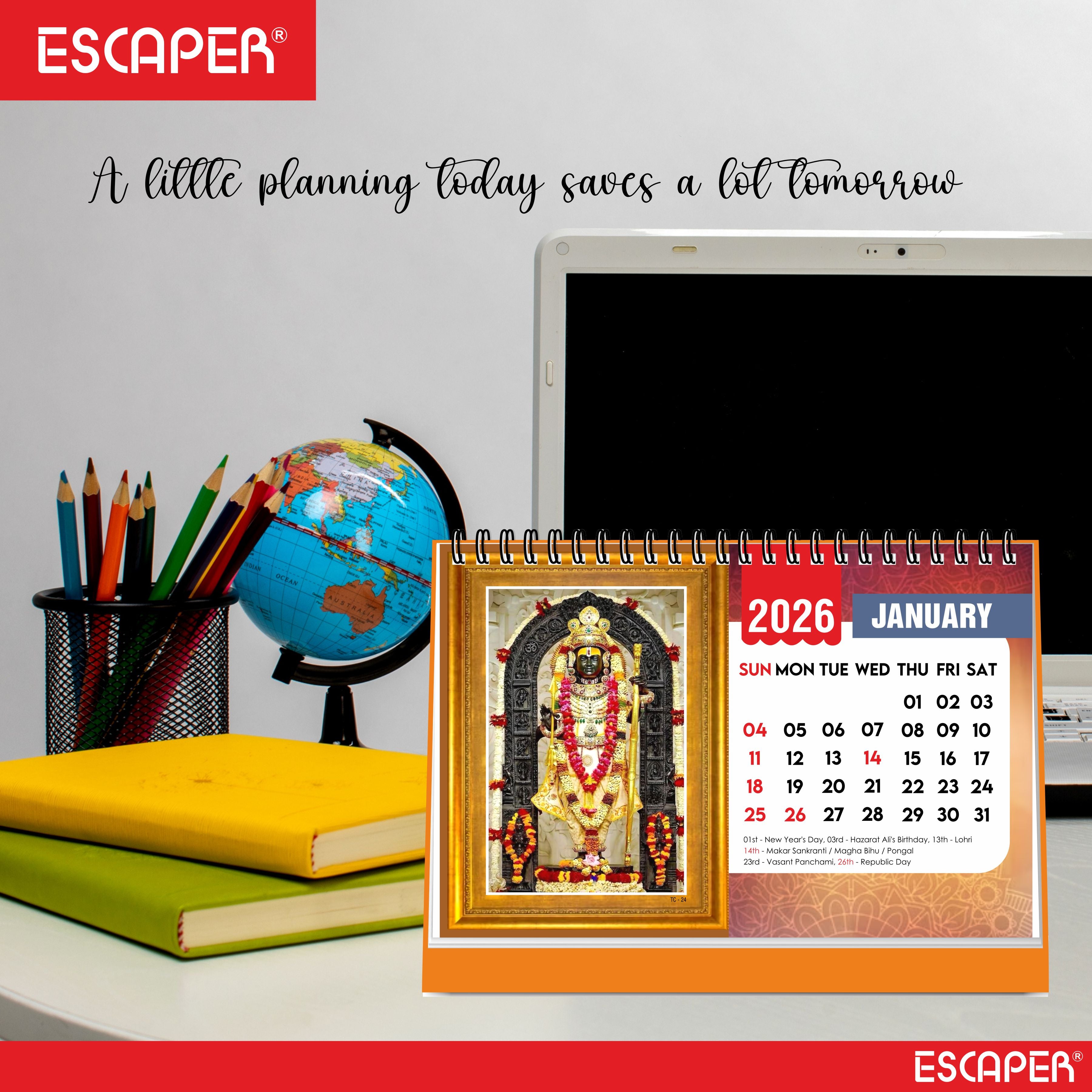 Shree Ram 2026 Table Calendar – Ram Lalla & Hanuman Photo, Ram Ji & Ram Darbar Devotional Desk Calendar for Daily Inspiration and Spiritual Blessings, Hindu Calendar 2026
