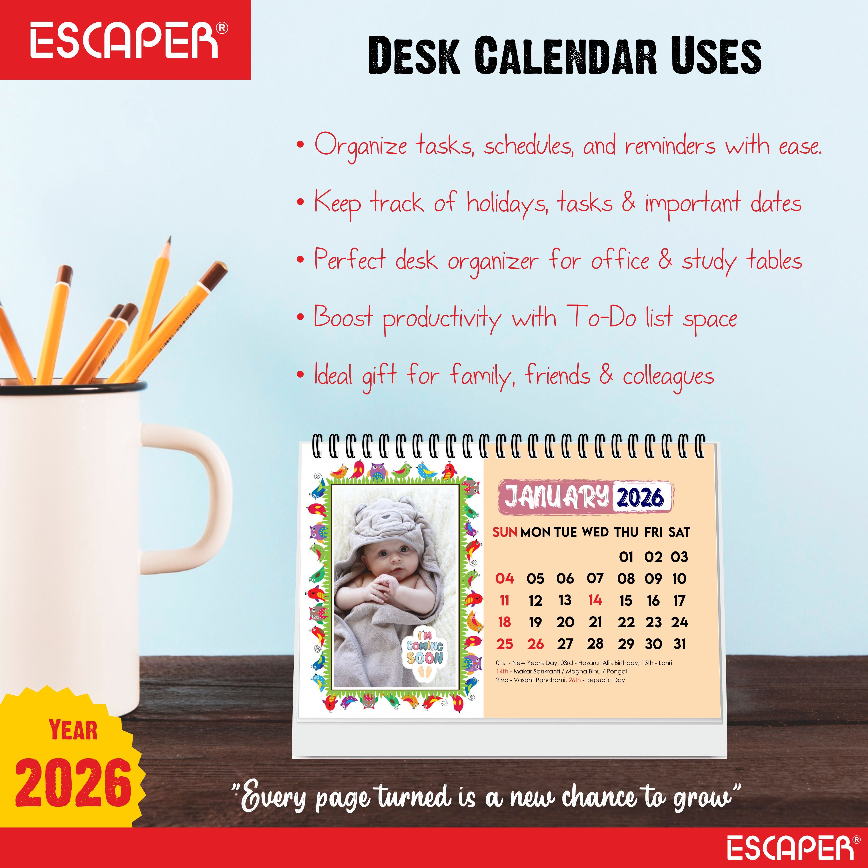 Cute Baby Desk Calendar 2026, A5 Size (8.5 x 5.75 inch), 2026 Table Calendar for Office Desk, Study and Home Table, Baby Boy and Girl Themes, New Year Gift for Women and Family