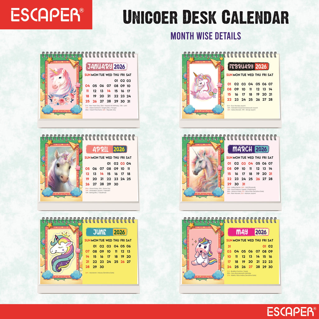 Magical Unicorn 2026 Desk Calendar – A5 size, 16 Pages Table Calendar for Home, Office & Kids, New Year Gift - Believe in Unicorns Calendar 2026, Cartoon Calendar