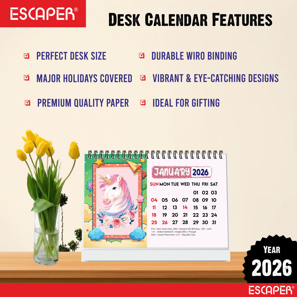 Magical Unicorn 2026 Desk Calendar – A5 size, 16 Pages Table Calendar for Home, Office & Kids, New Year Gift - Believe in Unicorns Calendar 2026, Cartoon Calendar