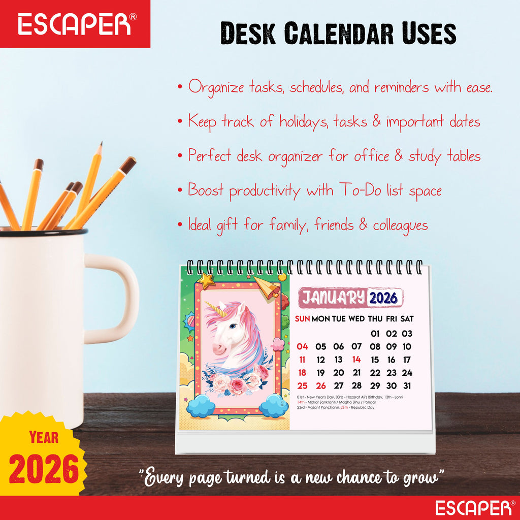 Magical Unicorn 2026 Desk Calendar – A5 size, 16 Pages Table Calendar for Home, Office & Kids, New Year Gift - Believe in Unicorns Calendar 2026, Cartoon Calendar