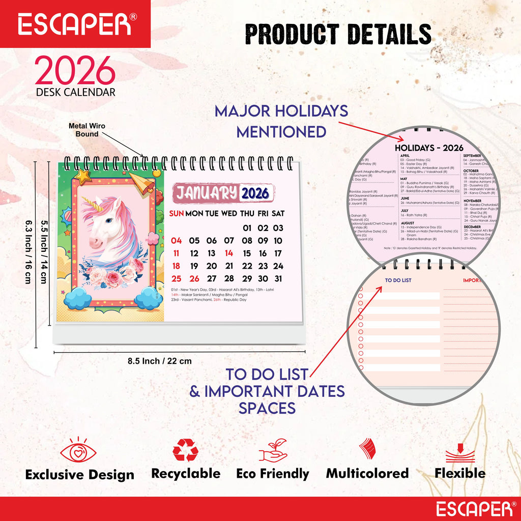 Magical Unicorn 2026 Desk Calendar – A5 size, 16 Pages Table Calendar for Home, Office & Kids, New Year Gift - Believe in Unicorns Calendar 2026, Cartoon Calendar