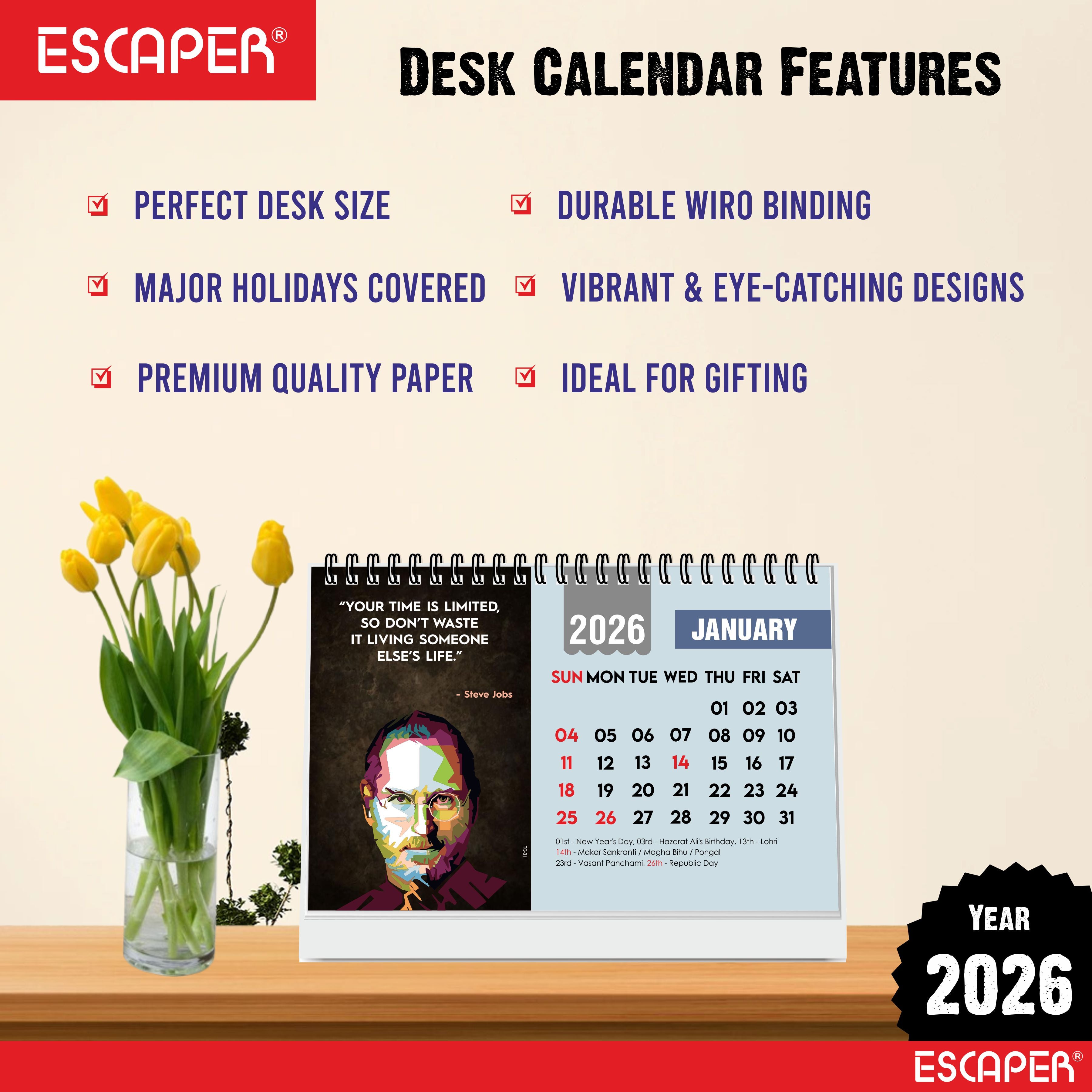 Inspirational Desk Calendar 2026, Motivational Table Calendar 2026, International Famous Personalities Photo Calendar 2026, New Year Gift