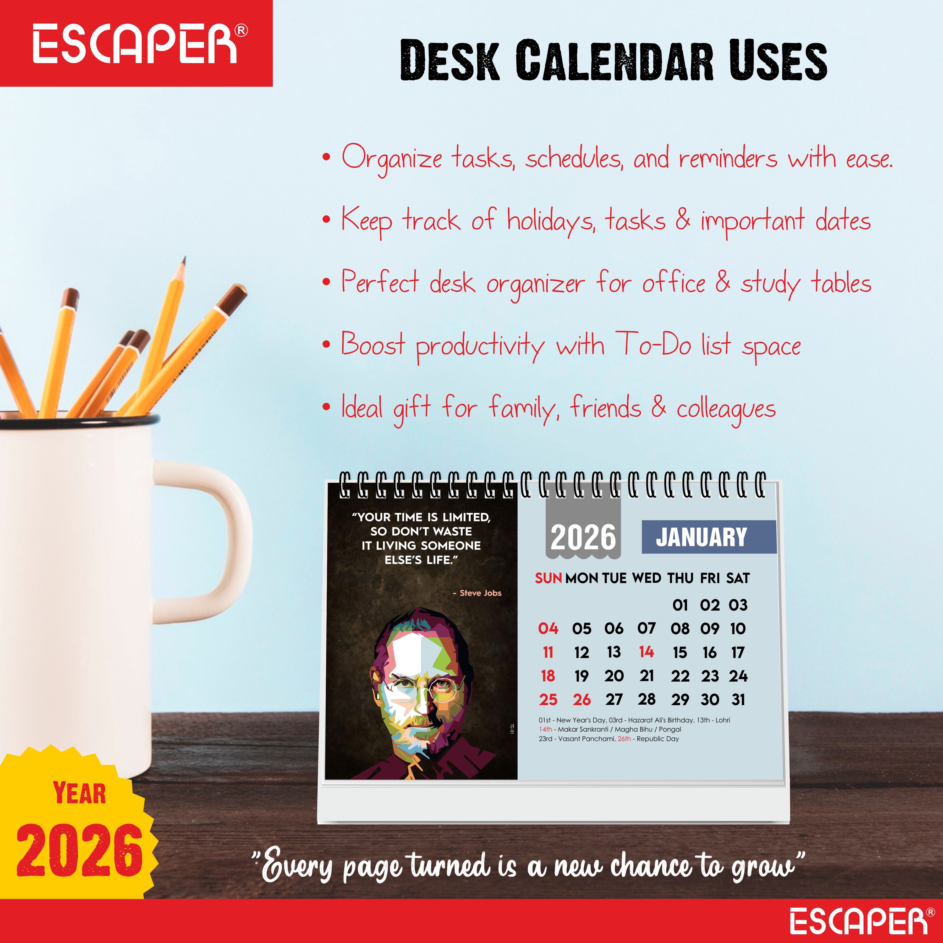 Inspirational Desk Calendar 2026, Motivational Table Calendar 2026, International Famous Personalities Photo Calendar 2026, New Year Gift