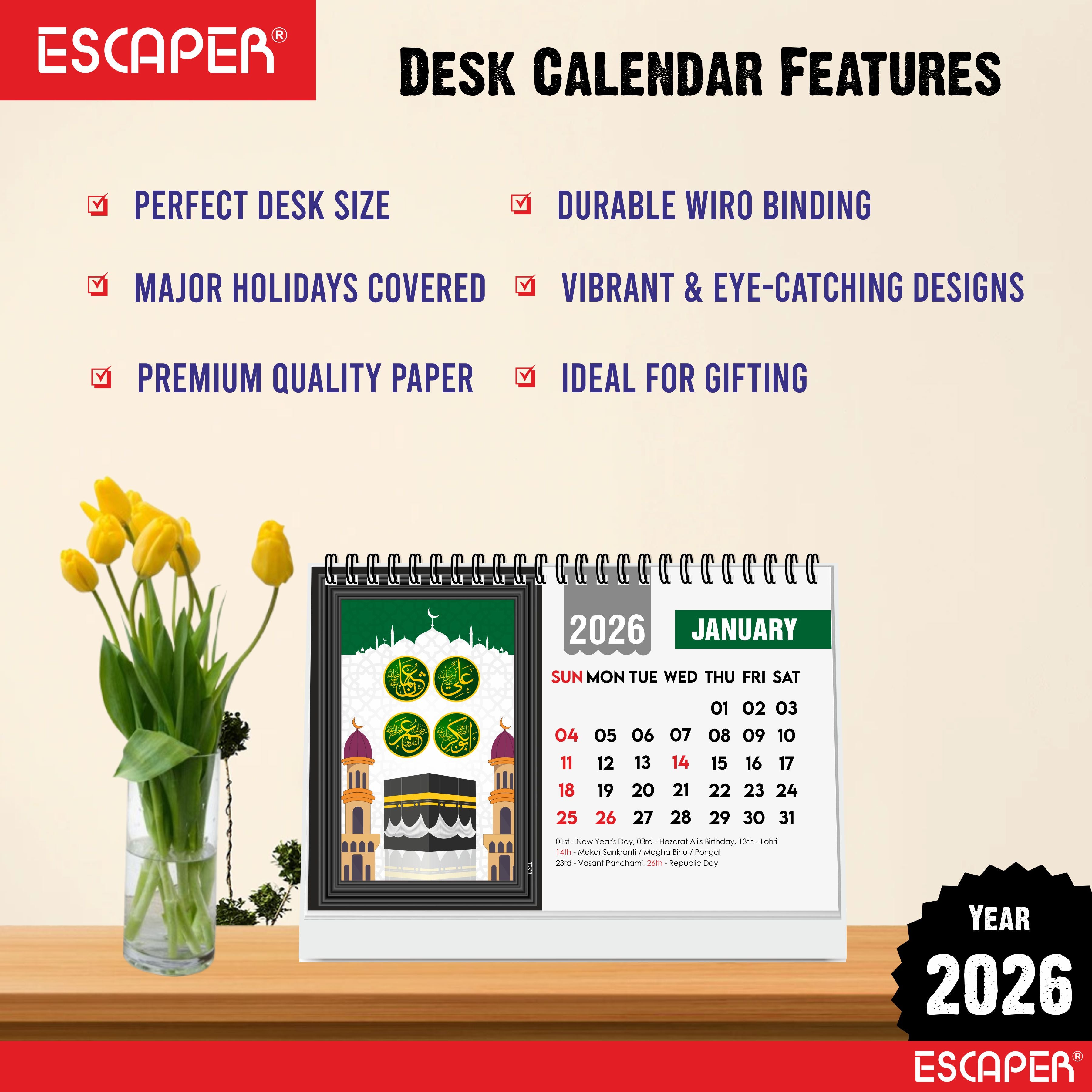Islamic Desk Calendar 2026 (A5 Size), Muslim Table Calendar 2026, Allah Calendar 2026, Ramadan Calendar, Islamic Decorative Item & Muslim Gift