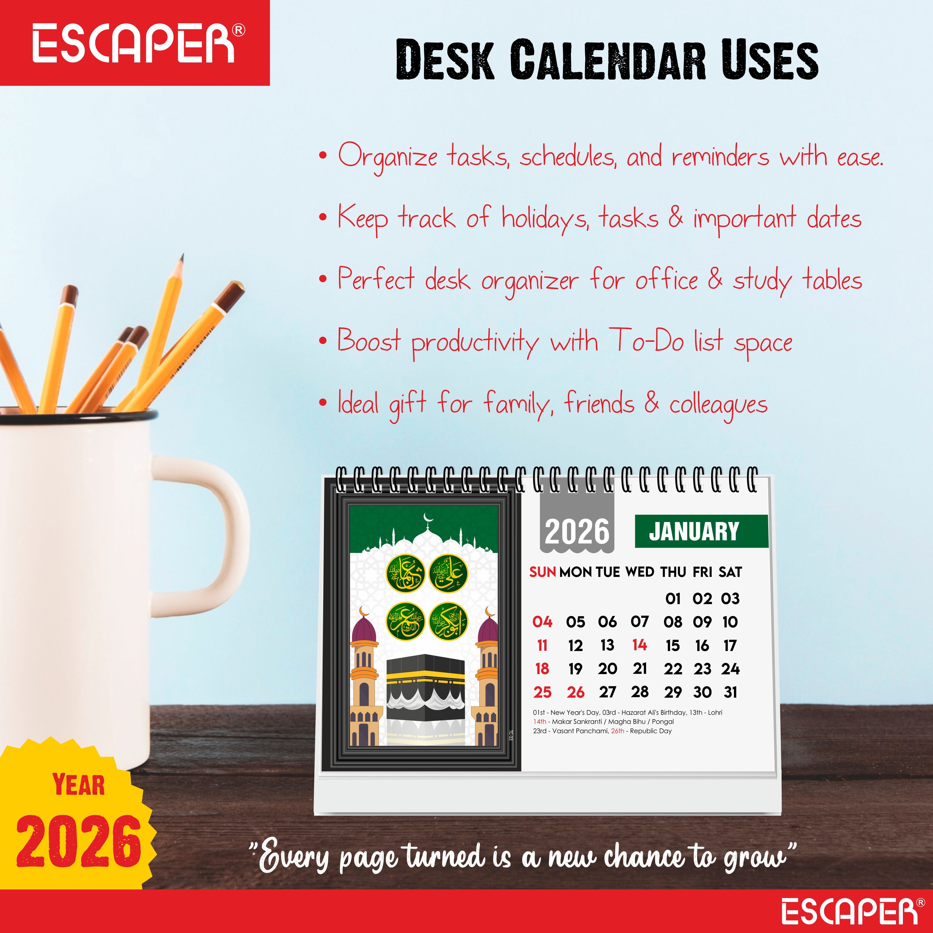 Islamic Desk Calendar 2026 (A5 Size), Muslim Table Calendar 2026, Allah Calendar 2026, Ramadan Calendar, Islamic Decorative Item & Muslim Gift