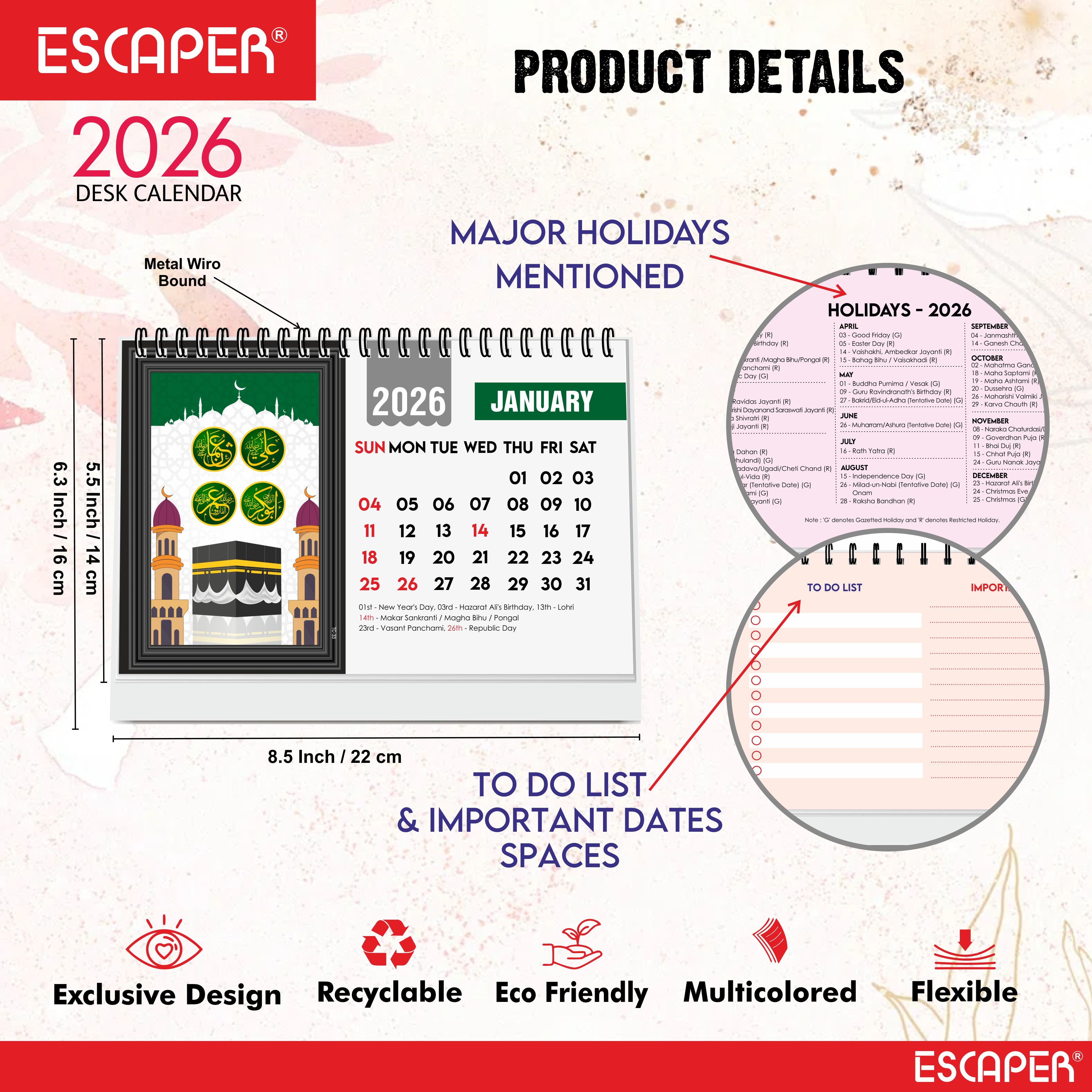 Islamic Desk Calendar 2026 (A5 Size), Muslim Table Calendar 2026, Allah Calendar 2026, Ramadan Calendar, Islamic Decorative Item & Muslim Gift