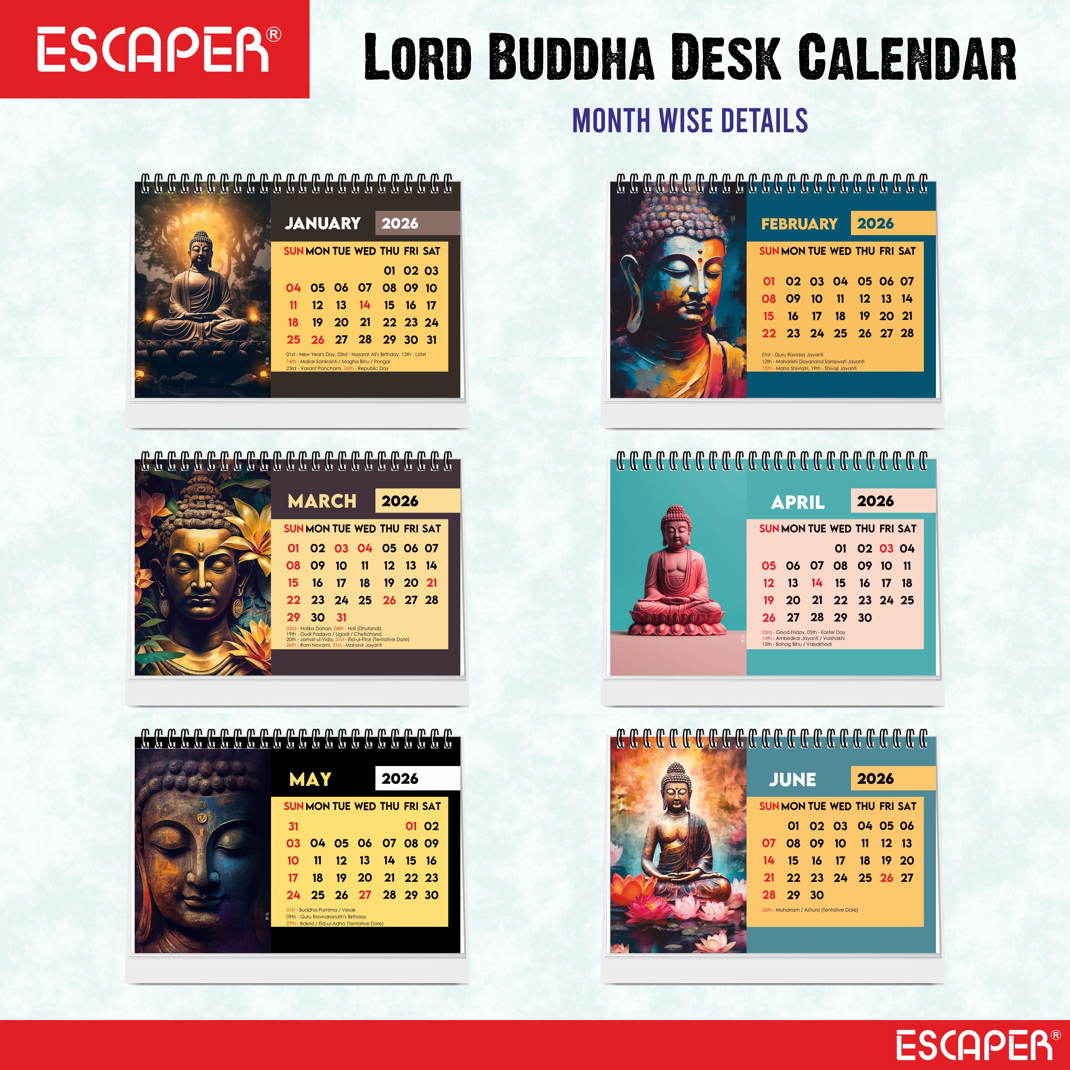Lord Buddha Calendar 2026 Desk – Buddha Table Calendar, Buddha Photo & Painting Calendar, A5 New Year Desk Calendar, Mindfulness Gift