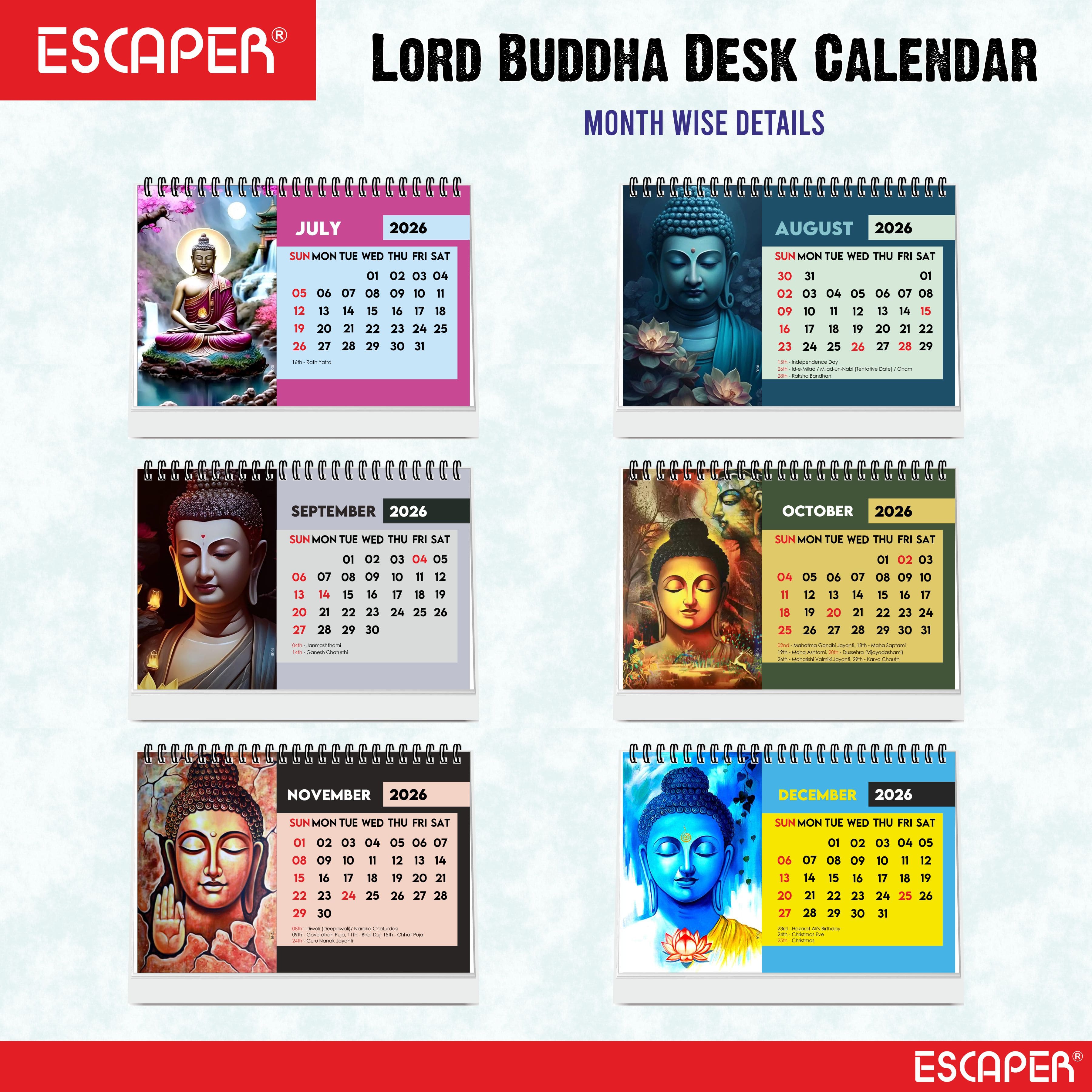 Lord Buddha Calendar 2026 Desk – Buddha Table Calendar, Buddha Photo & Painting Calendar, A5 New Year Desk Calendar, Mindfulness Gift