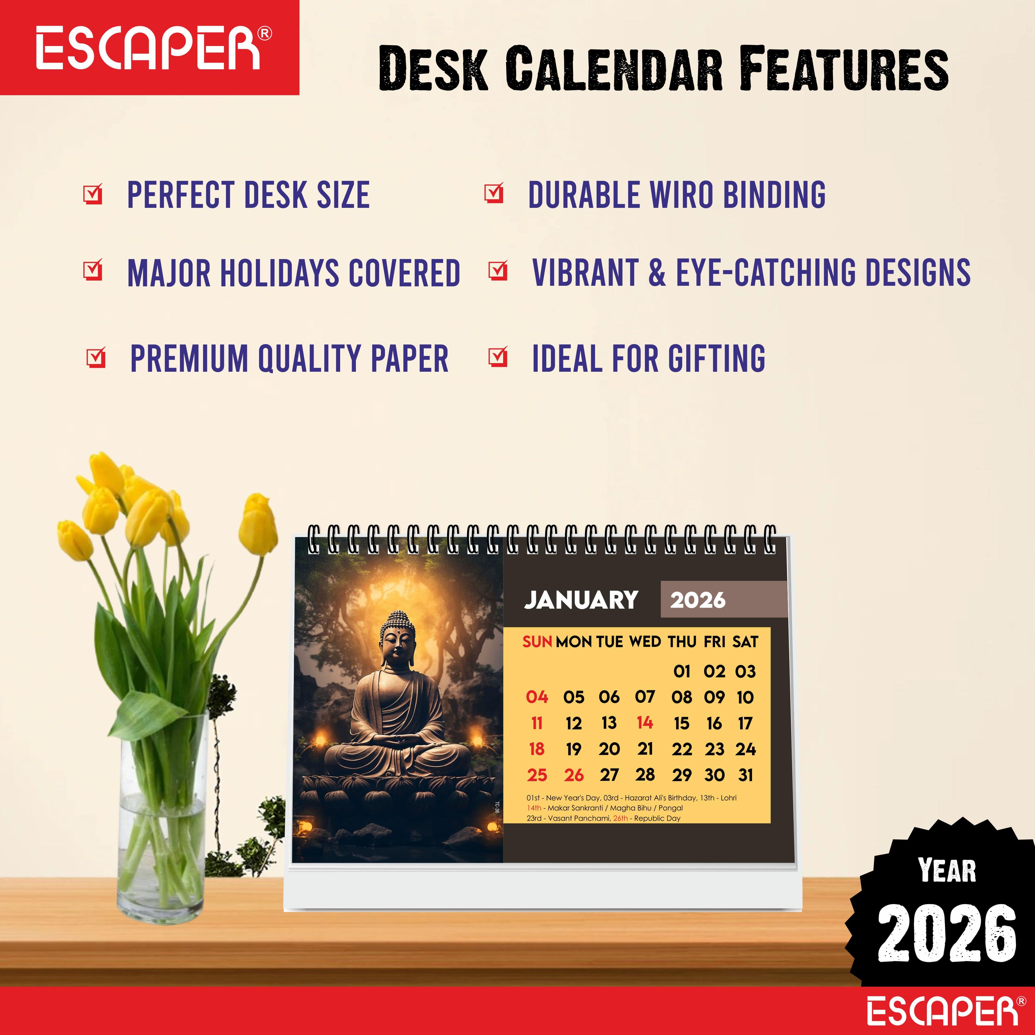 Lord Buddha Calendar 2026 Desk – Buddha Table Calendar, Buddha Photo & Painting Calendar, A5 New Year Desk Calendar, Mindfulness Gift