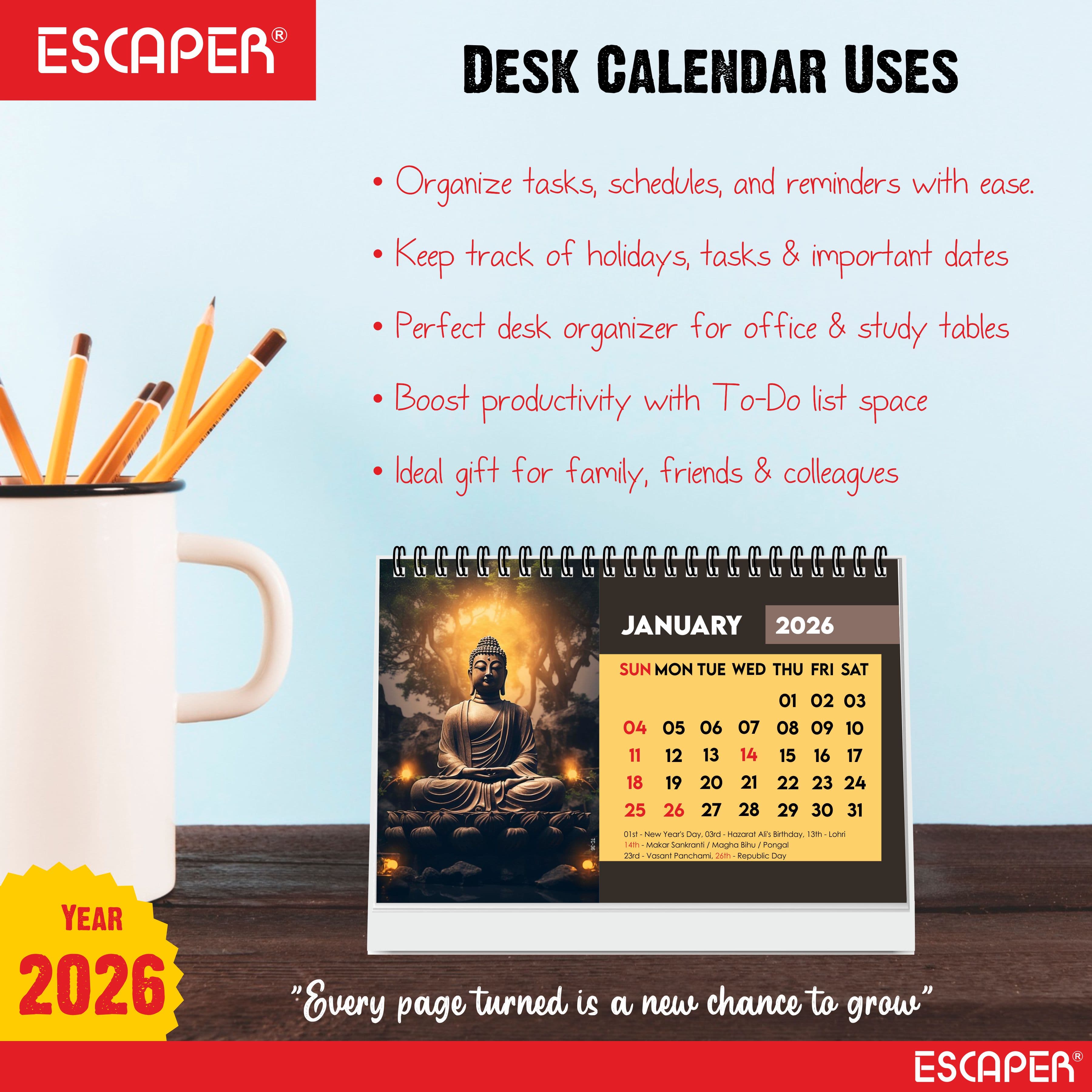 Lord Buddha Calendar 2026 Desk – Buddha Table Calendar, Buddha Photo & Painting Calendar, A5 New Year Desk Calendar, Mindfulness Gift