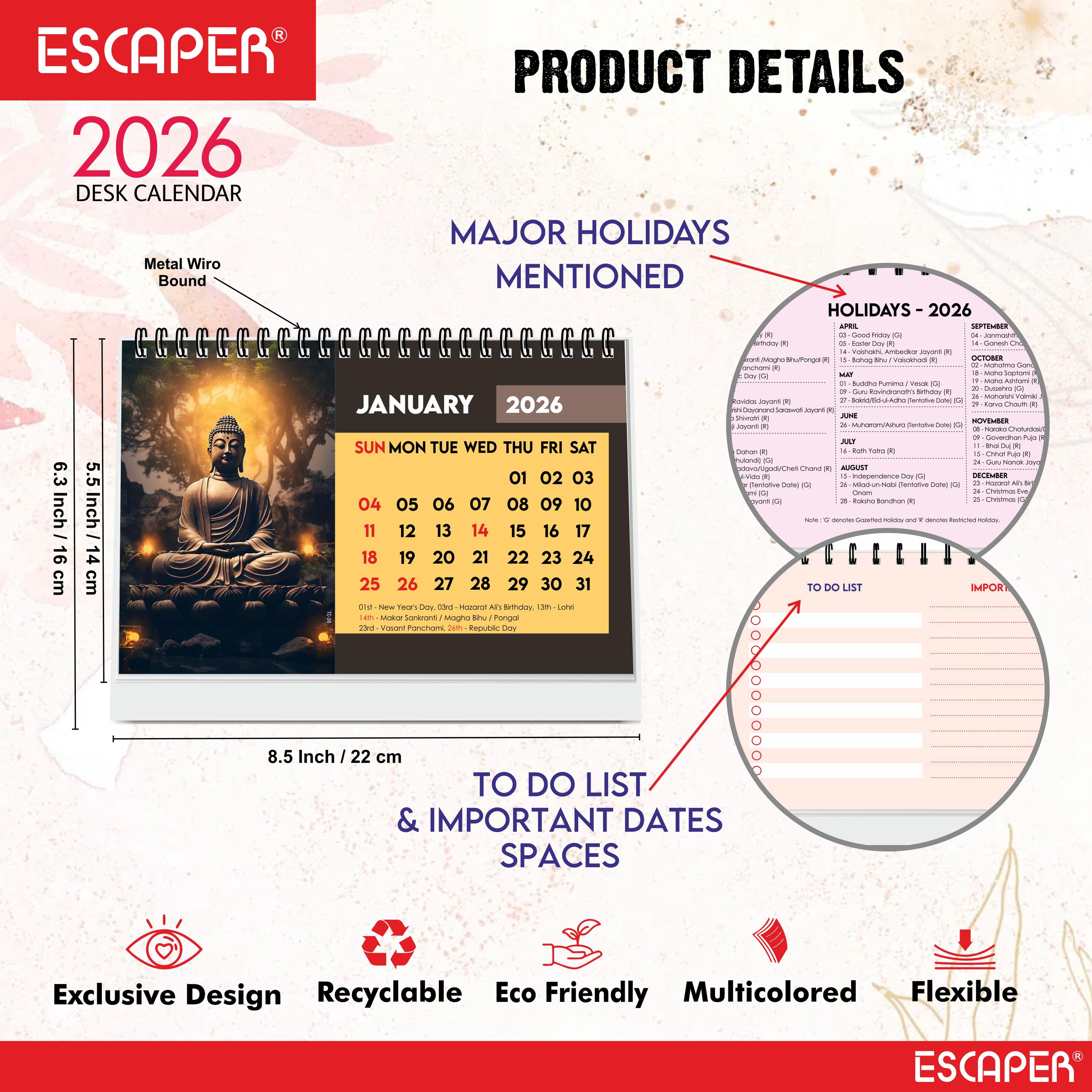 Lord Buddha Calendar 2026 Desk – Buddha Table Calendar, Buddha Photo & Painting Calendar, A5 New Year Desk Calendar, Mindfulness Gift