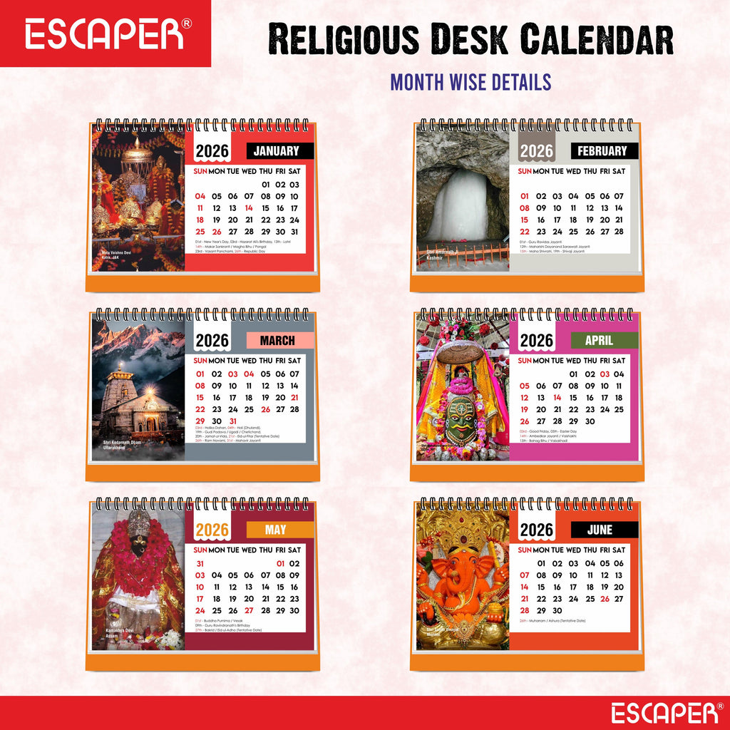 Famous Hindu Temples Desk Calendar 2026, Hindu Mandir Table Calendar with Vaishno Devi, Amarnath Ji, Kedarnath Dham, Mahakaleshwar, Kamakhya Devi & Siddhi Vinayaka Photos, Religious Spiritual Calendar for Home & Office
