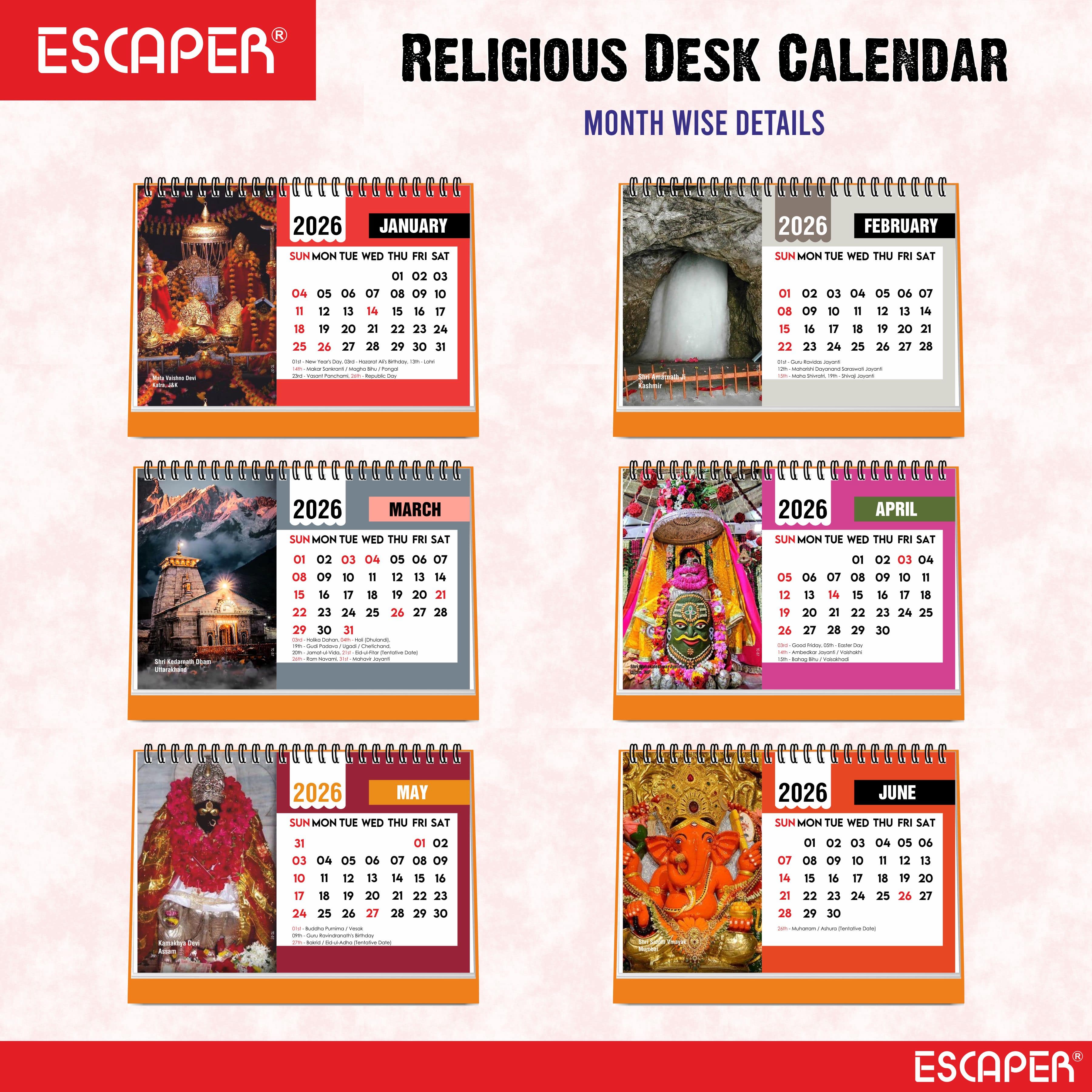 Famous Hindu Temples Desk Calendar 2026, Hindu Mandir Table Calendar with Vaishno Devi, Amarnath Ji, Kedarnath Dham, Mahakaleshwar, Kamakhya Devi & Siddhi Vinayaka Photos, Religious Spiritual Calendar for Home & Office