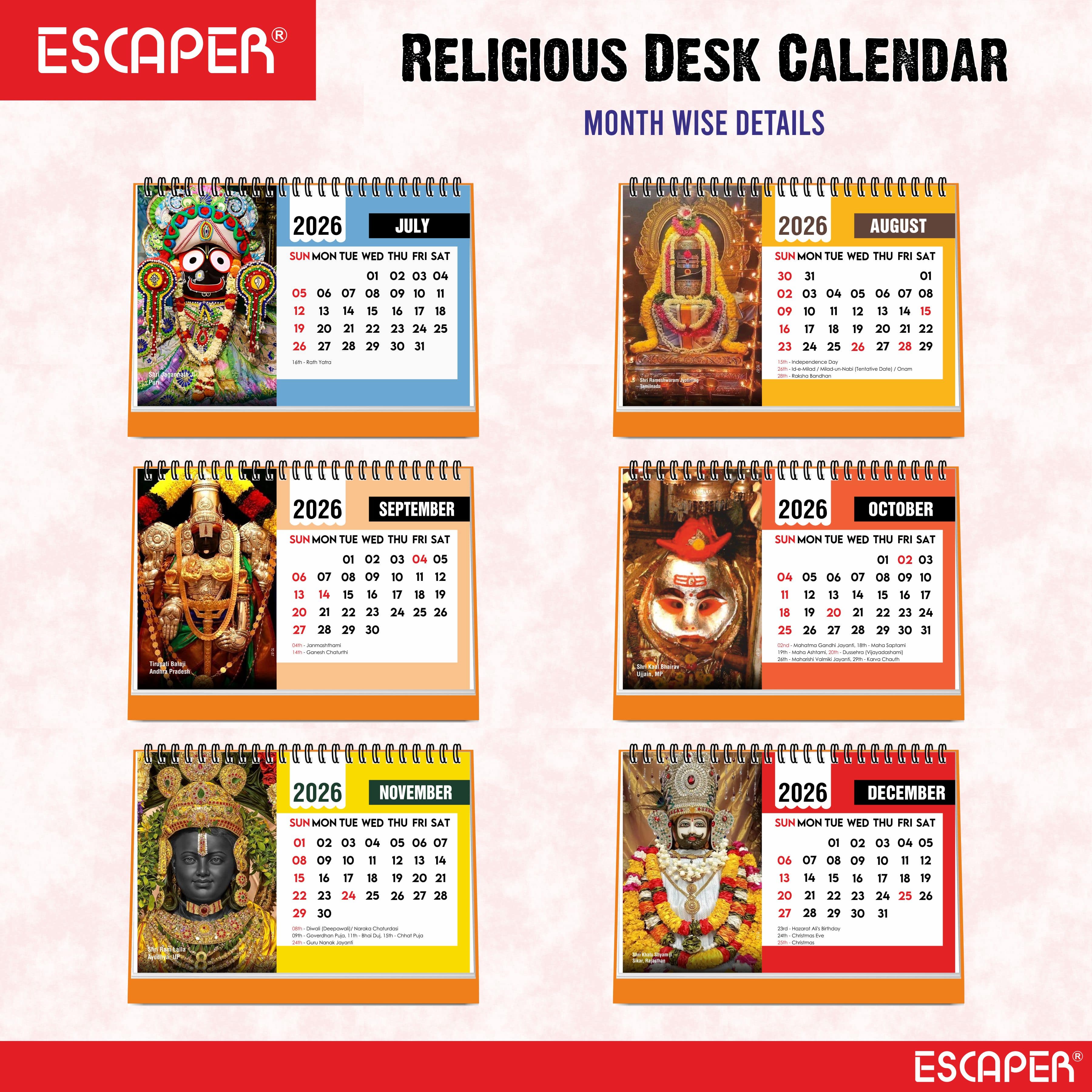 Famous Hindu Temples Desk Calendar 2026, Hindu Mandir Table Calendar with Vaishno Devi, Amarnath Ji, Kedarnath Dham, Mahakaleshwar, Kamakhya Devi & Siddhi Vinayaka Photos, Religious Spiritual Calendar for Home & Office