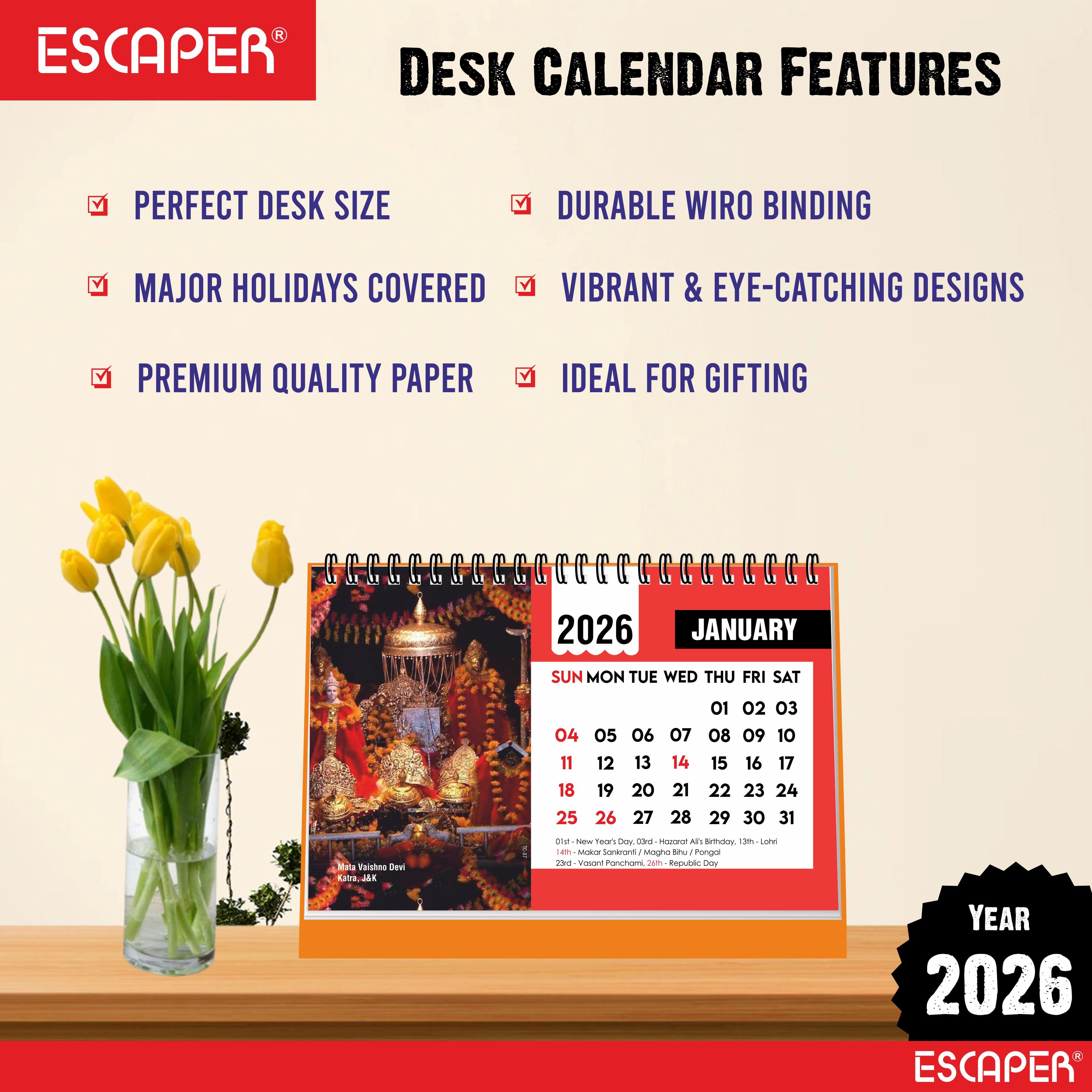 Famous Hindu Temples Desk Calendar 2026, Hindu Mandir Table Calendar with Vaishno Devi, Amarnath Ji, Kedarnath Dham, Mahakaleshwar, Kamakhya Devi & Siddhi Vinayaka Photos, Religious Spiritual Calendar for Home & Office