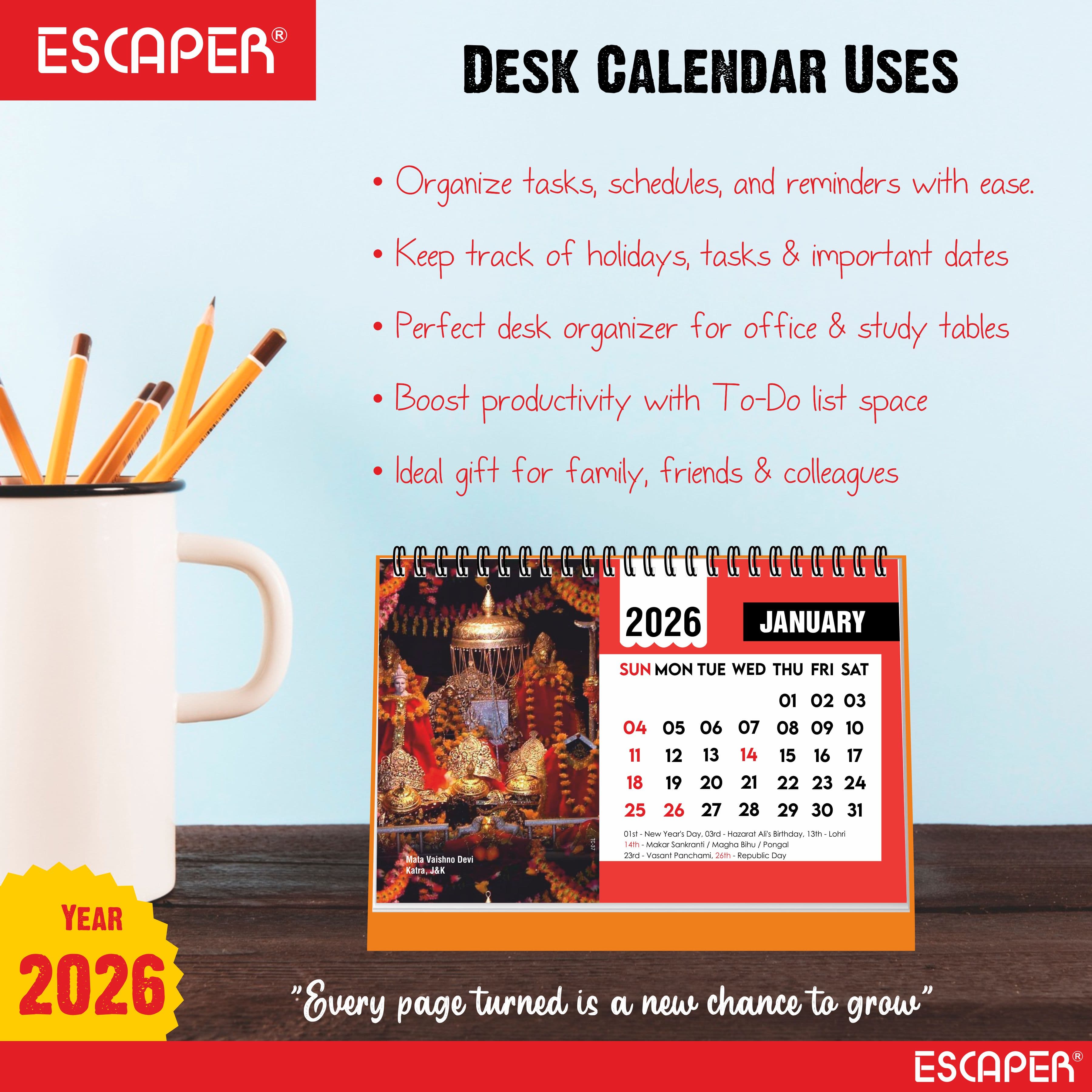 Famous Hindu Temples Desk Calendar 2026, Hindu Mandir Table Calendar with Vaishno Devi, Amarnath Ji, Kedarnath Dham, Mahakaleshwar, Kamakhya Devi & Siddhi Vinayaka Photos, Religious Spiritual Calendar for Home & Office